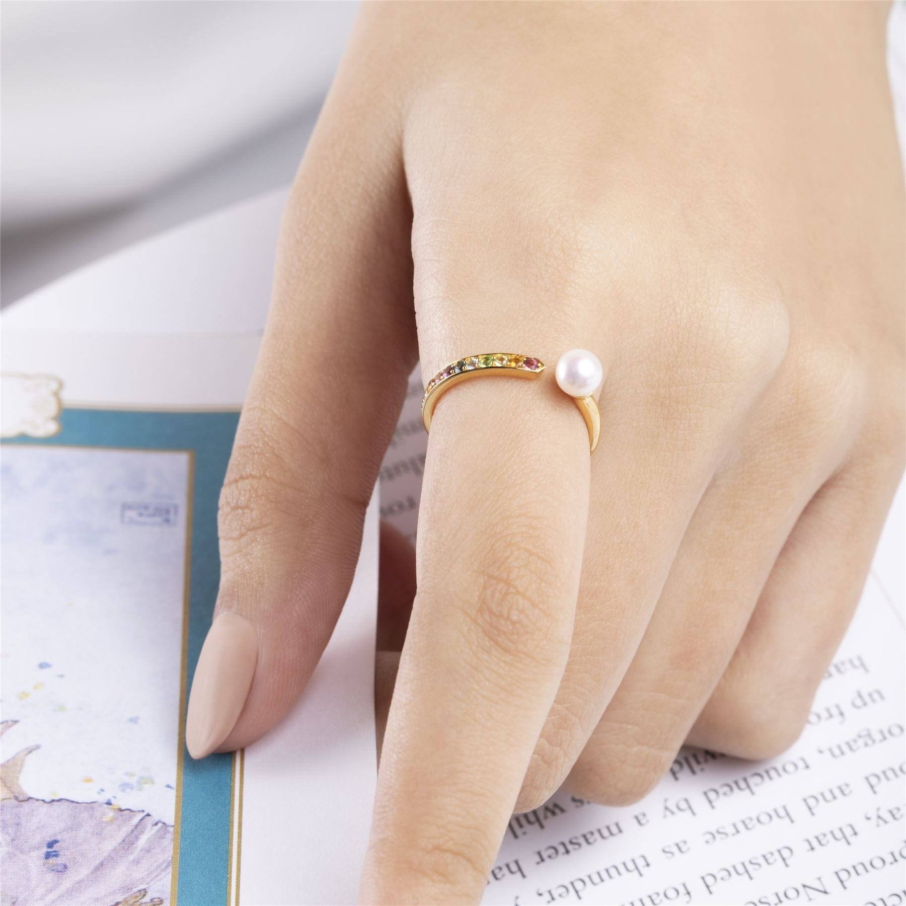 Rainbow  & Pearl Open Ring in Gold Plated Sterling Silver on model
