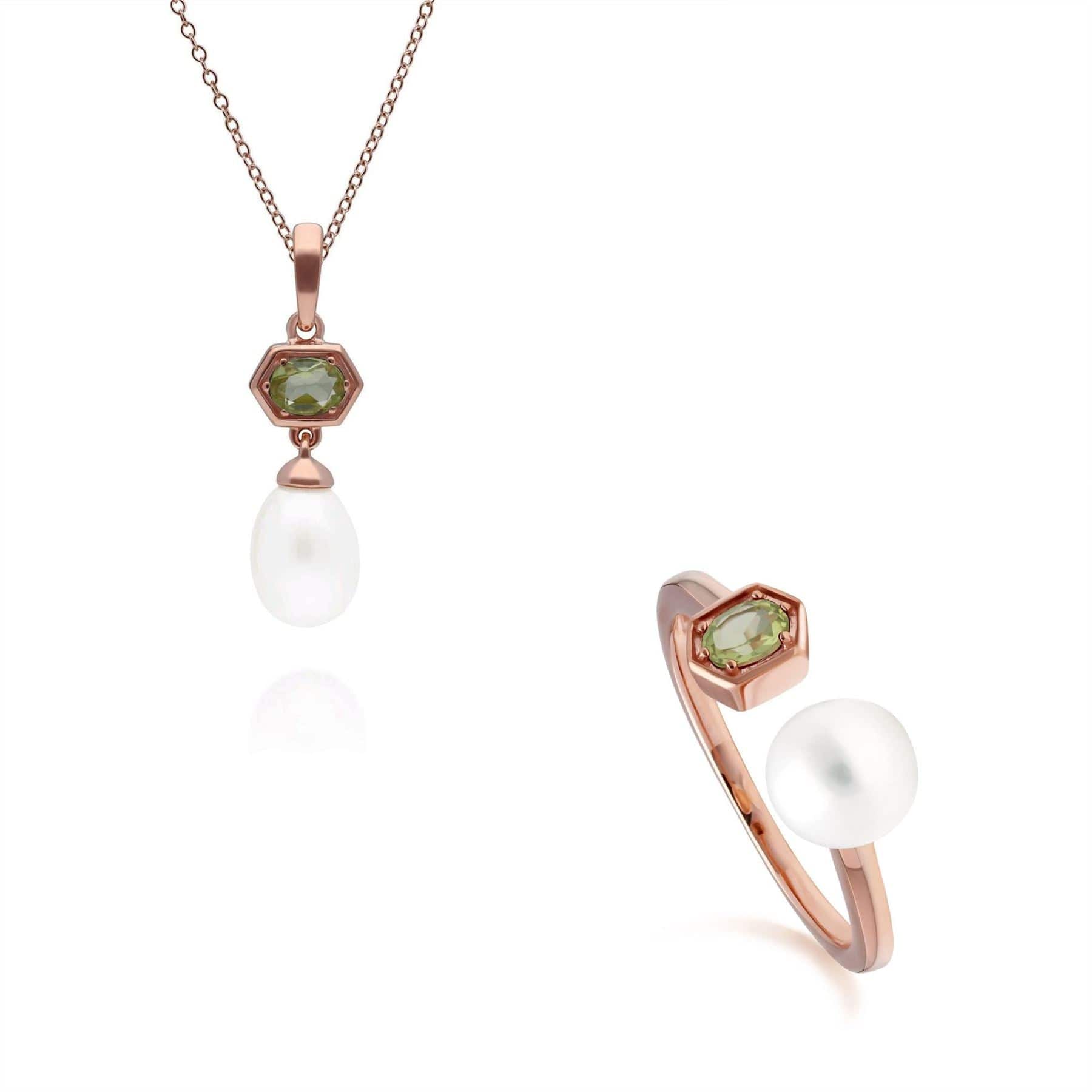 Modern Pearl & Peridot Pendant & Ring Set in Rose Gold Plated Silver - Gemondo