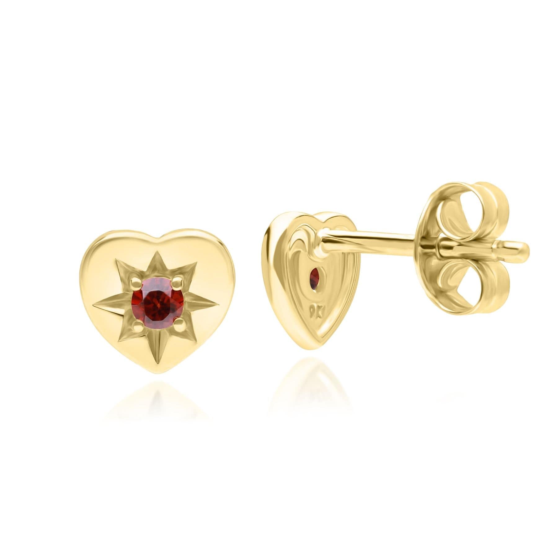 135E1820039 ECFEW™ 'The Liberator' Garnet Heart Stud Earrings in 9ct Yellow Gold Front