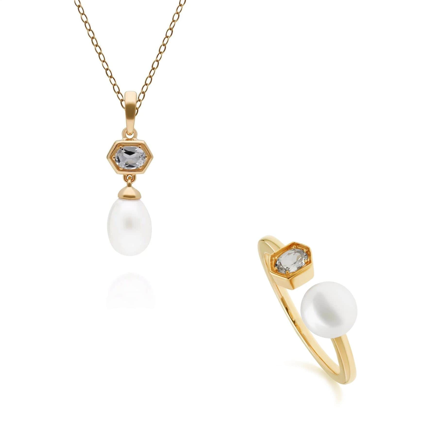 Modern Pearl & Topaz Pendant & Ring Set in Gold Plated Silver - Gemondo