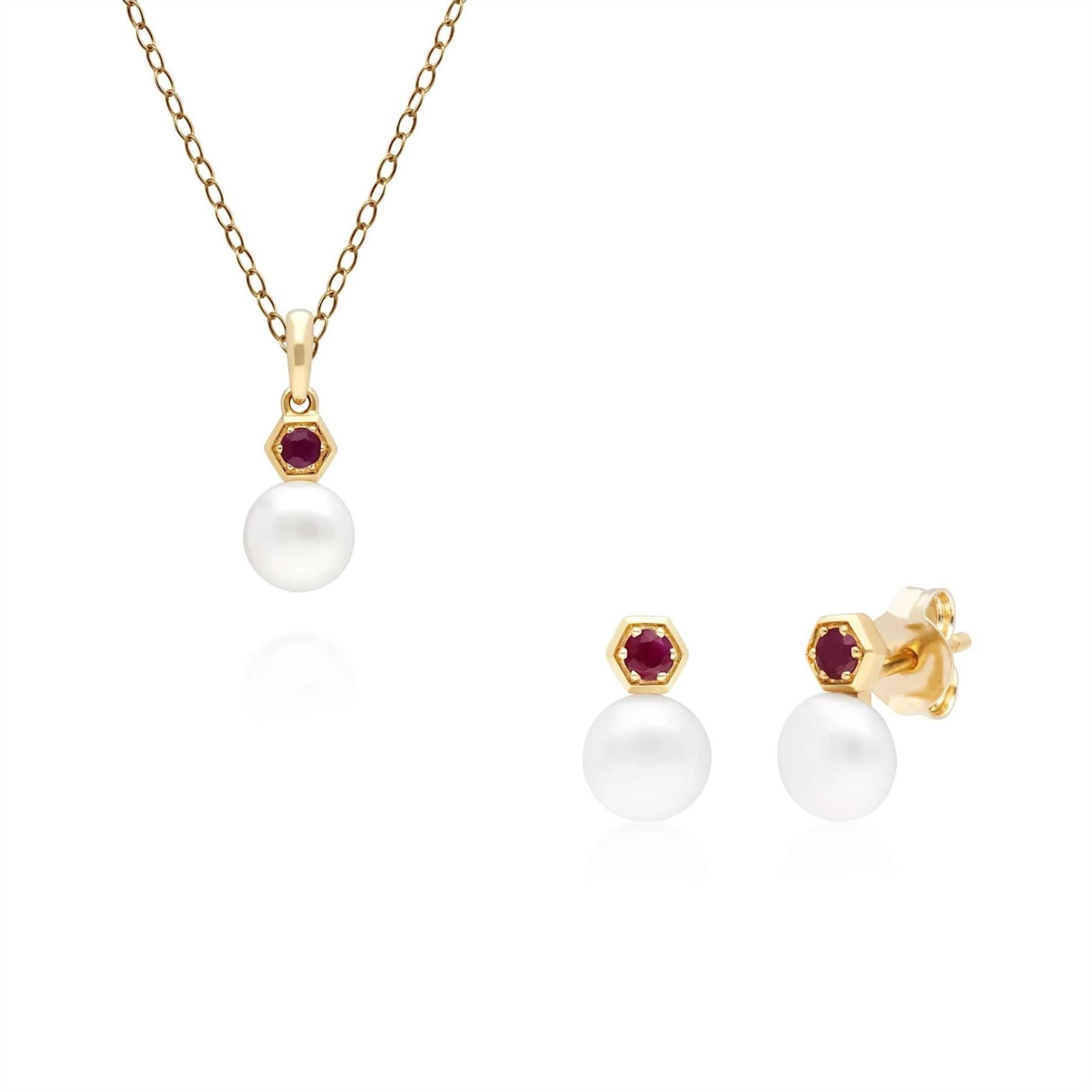 Modern Pearl & Ruby Earring & Pendant Set in 9ct Gold - Gemondo