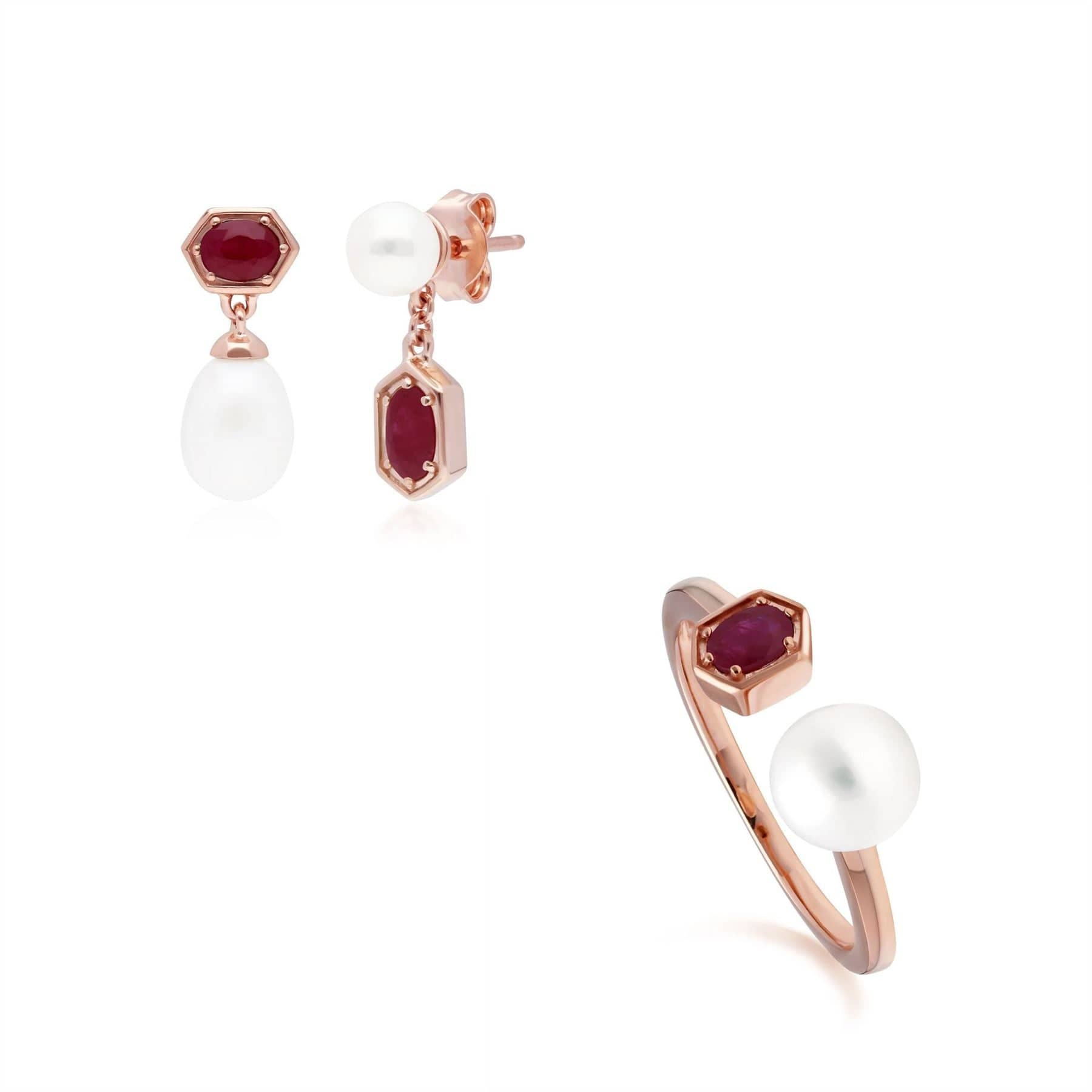 270E030402925-270R058902925 Modern Pearl & Ruby Earring & Ring Set in Rose Gold Plated Silver 1