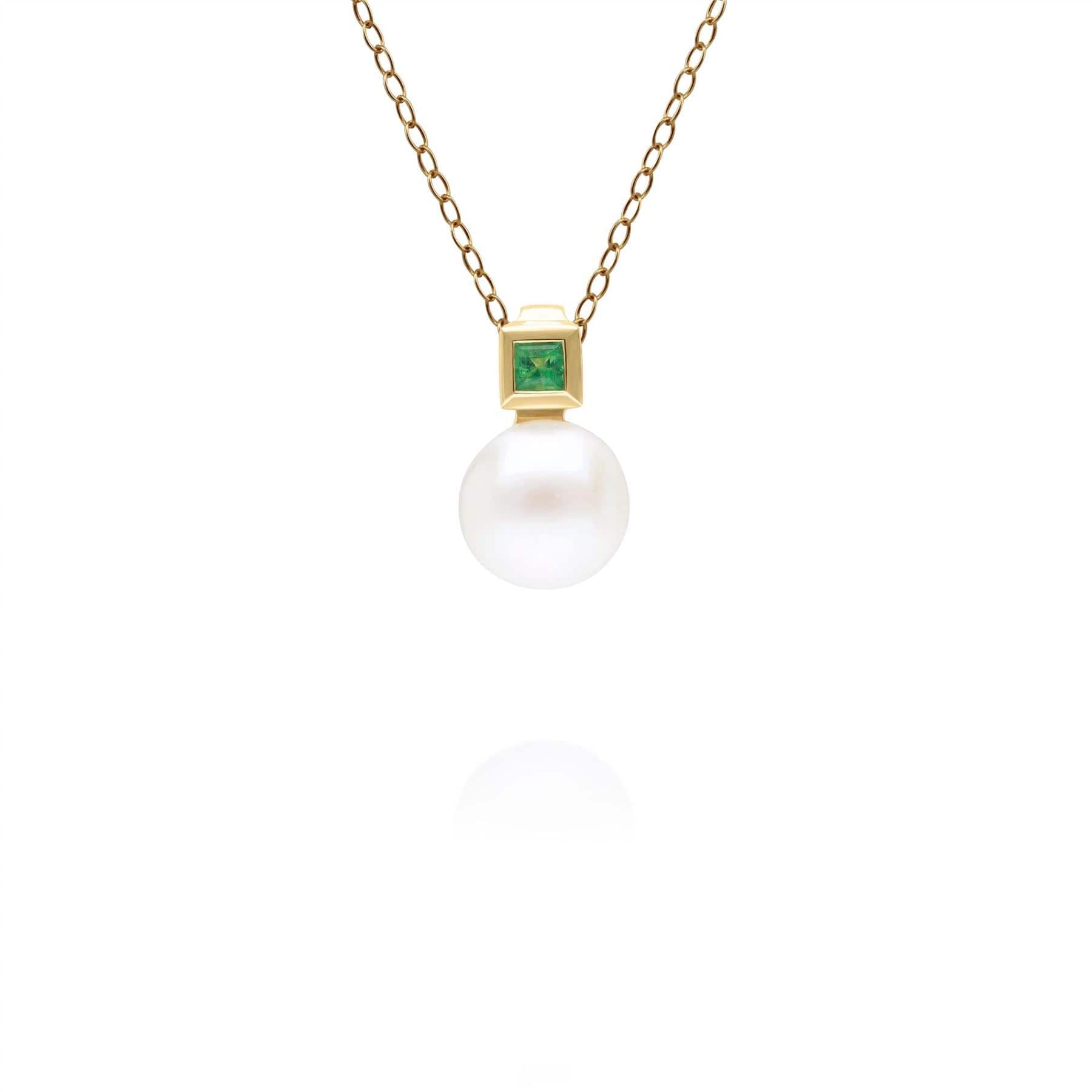 Modern Pearl & Square Emerald Pendant in 9ct Yellow Gold - Gemondo