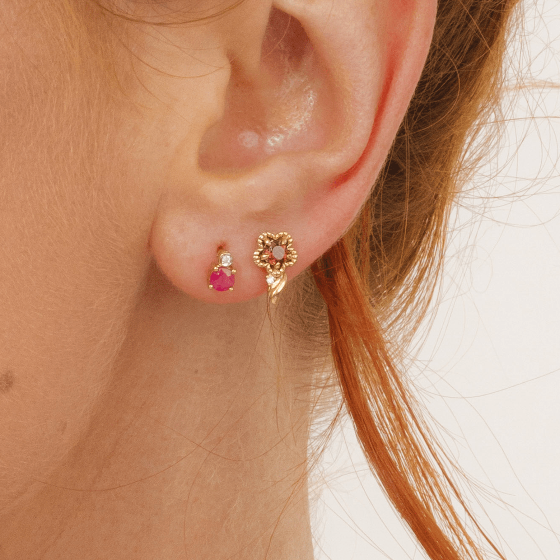 Floral Round Garnet & Diamond Stud Earrings in 9ct Yellow Gold