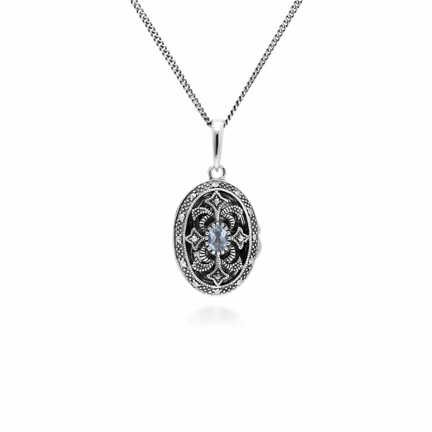 Art Nouveau Style Oval Topaz & Marcasite Locket Necklace in 925 Sterling Silver - Gemondo