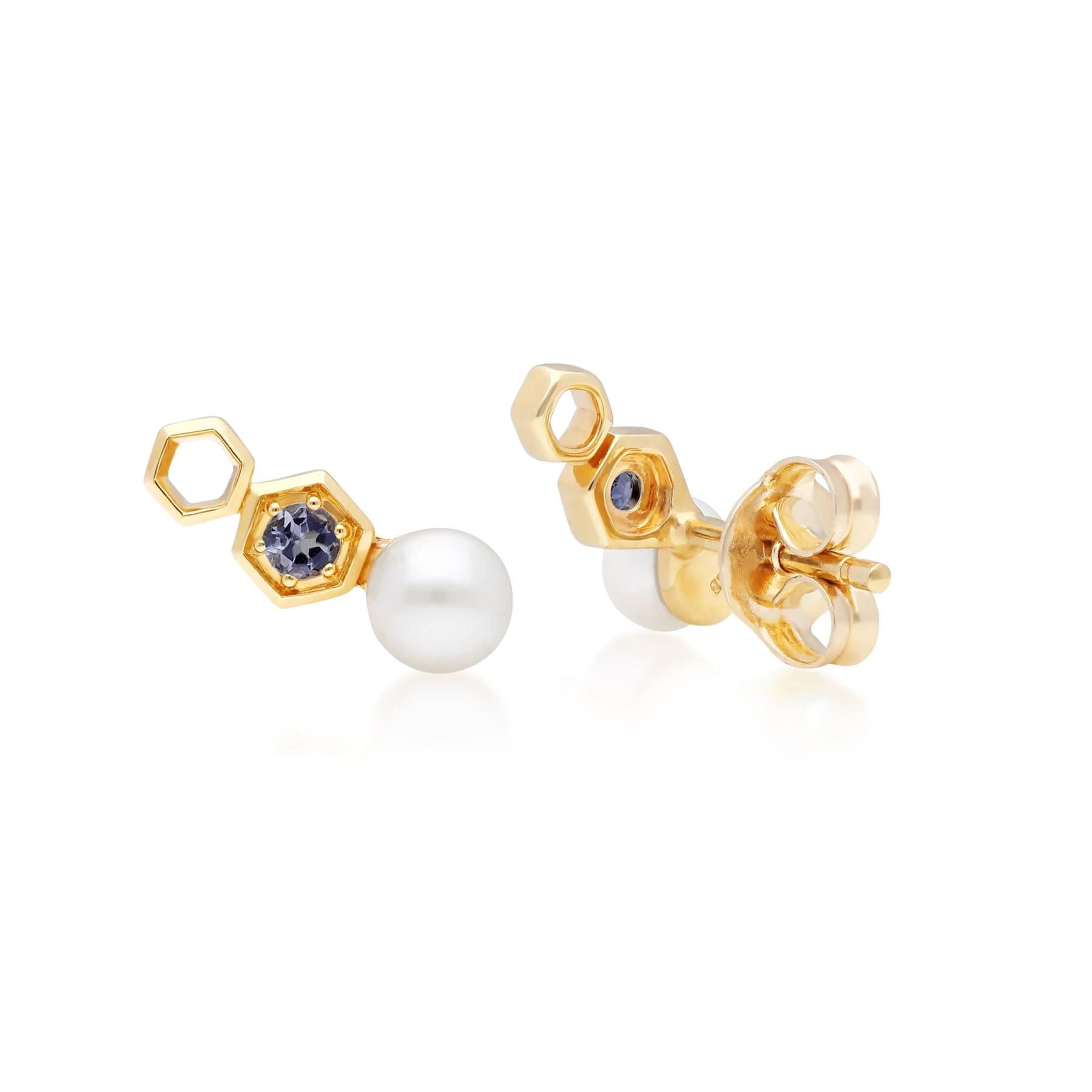 Modern Pearl & Tanzanite Ear Climber Studs in 9ct  Gold - Gemondo