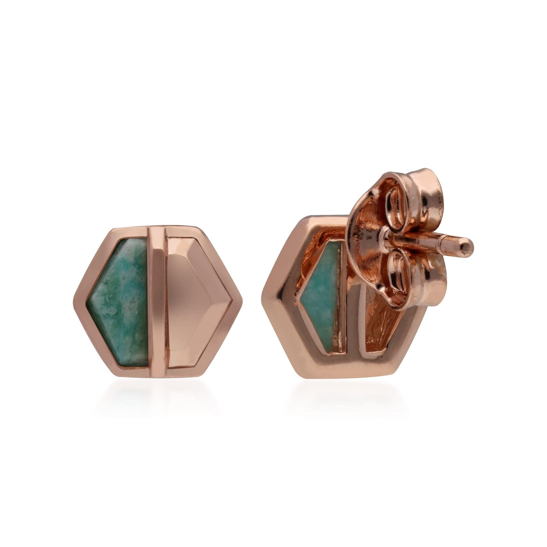 Micro Statement Amazonite Hexagon Stud Earrings in Rose Gold Plated 925 Sterling Silver