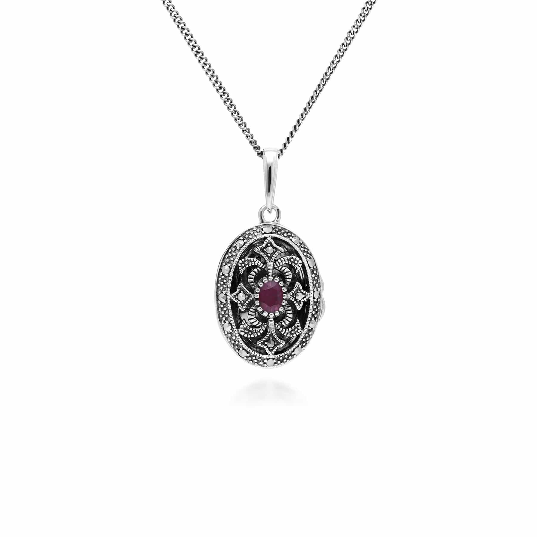 Art Nouveau Style Oval Ruby & Marcasite Locket Necklace in 925 Sterling Silver - Gemondo