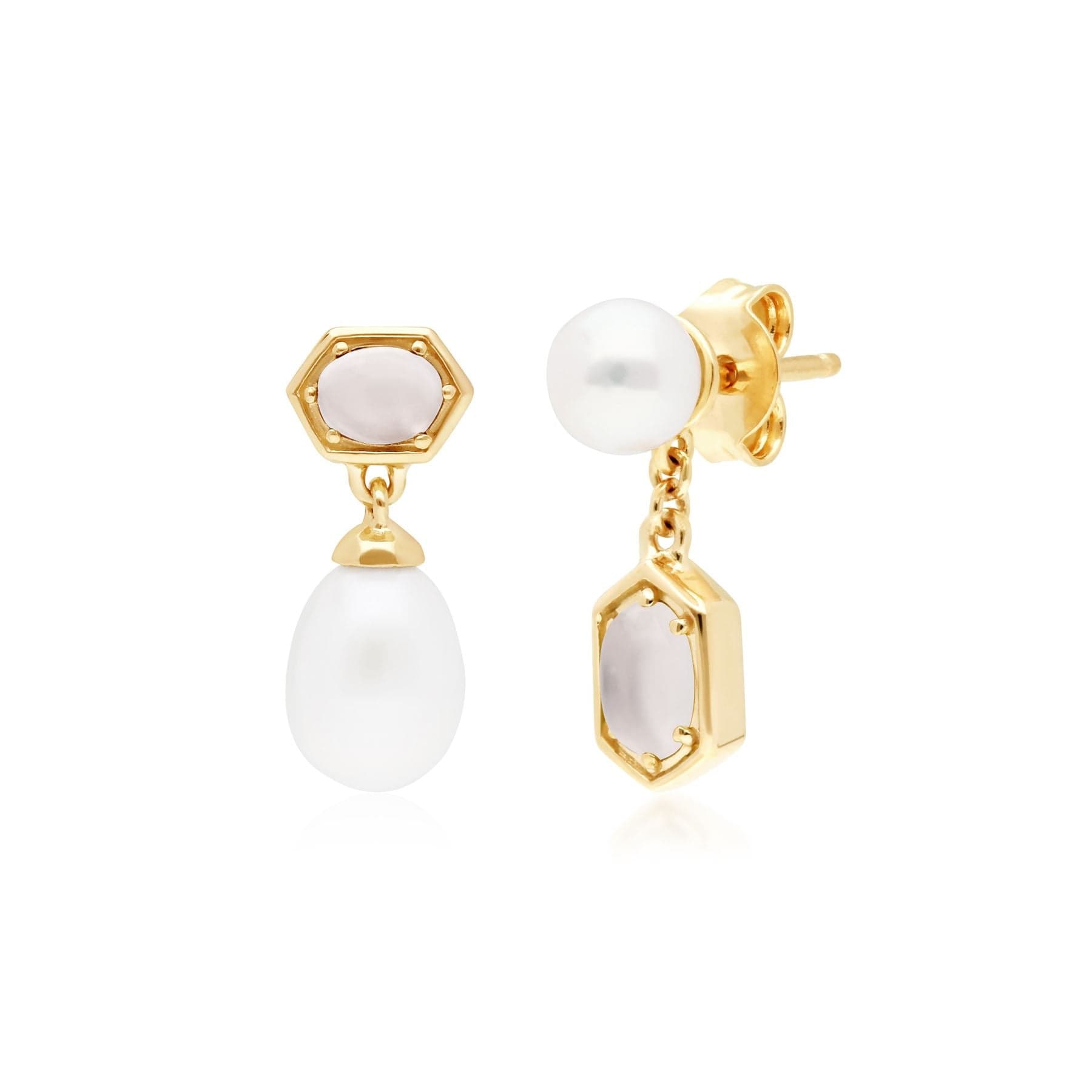 Modern Pearl & Moonstone Mismatched Drop Earrings in Gold Plated Silver