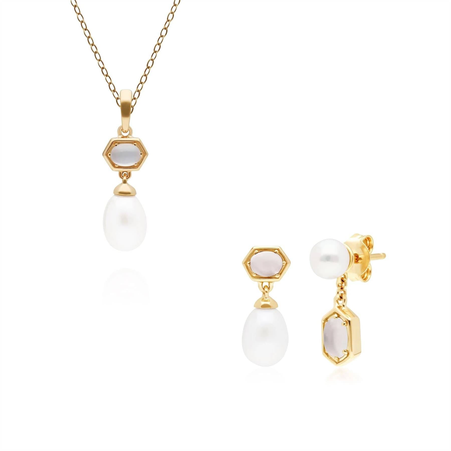 Modern Pearl & Moonstone Pendant & Earring Set in Gold Plated Silver - Gemondo