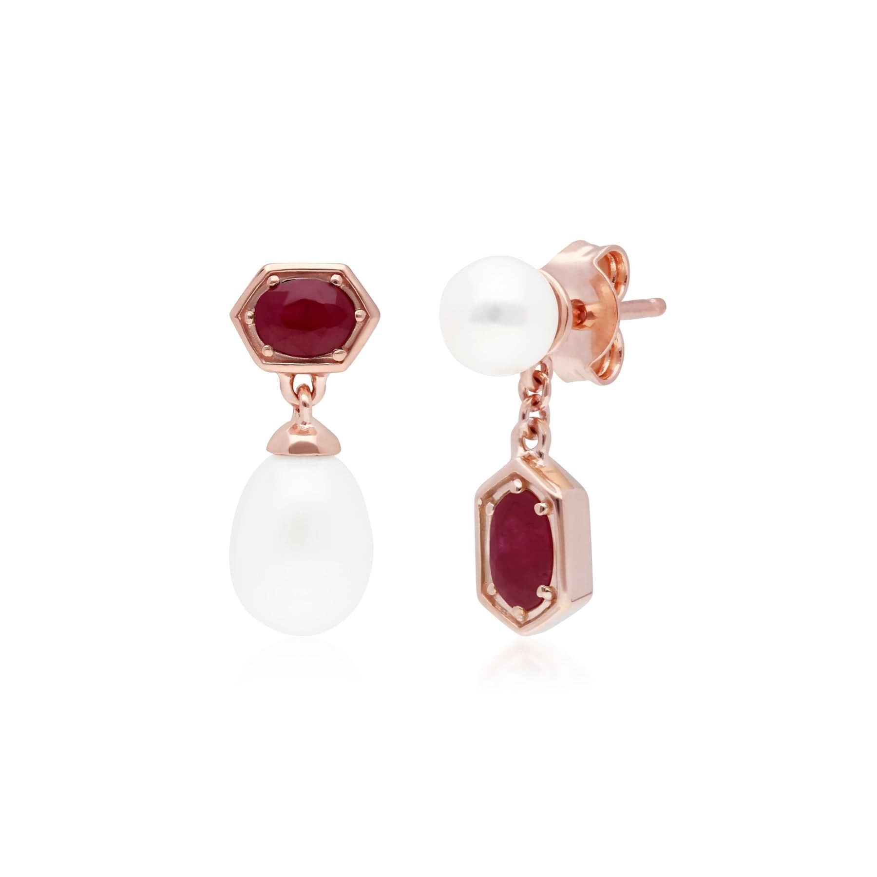 Modern Pearl & Ruby Mismatched Drop Earrings in Rose Gold Plated Silver - Gemondo