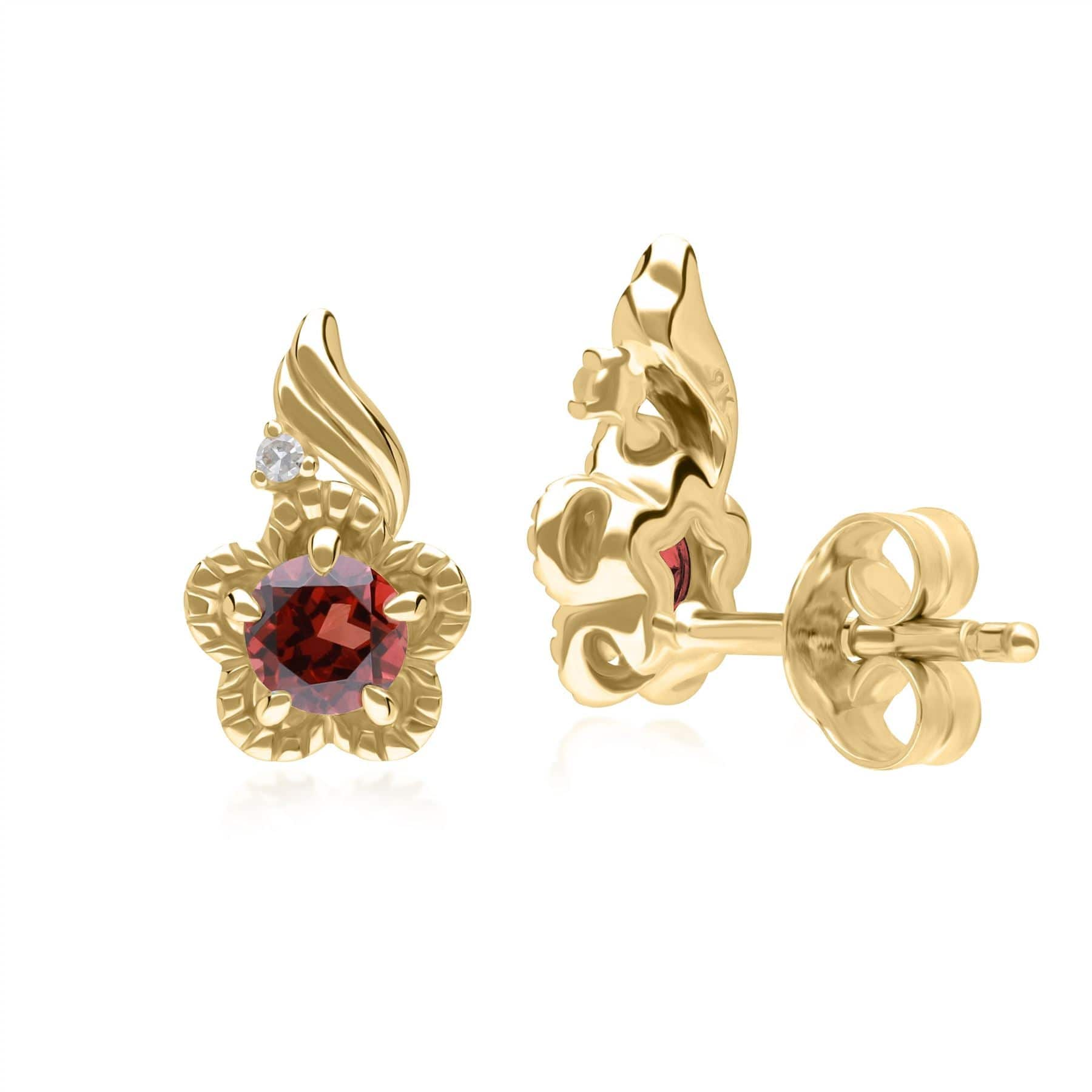 Floral Round Garnet & Diamond Stud Earrings in 9ct Yellow Gold - Gemondo