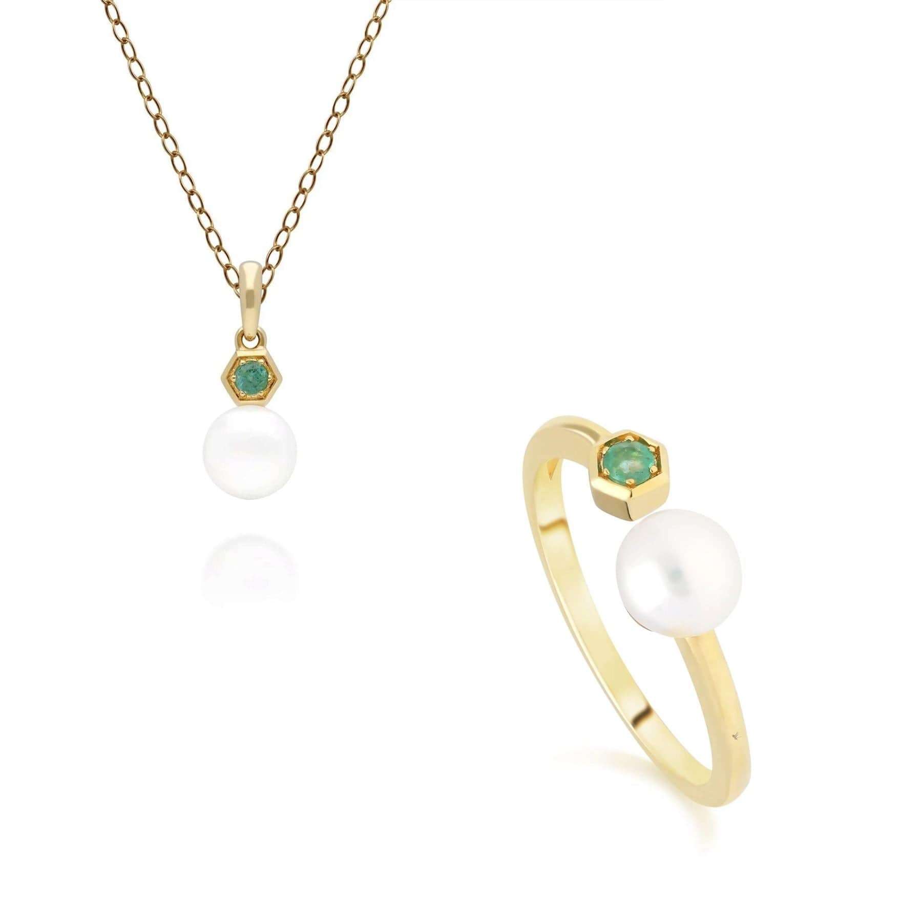 Modern Pearl & Emerald Pendant & Ring Set in 9ct Gold - Gemondo