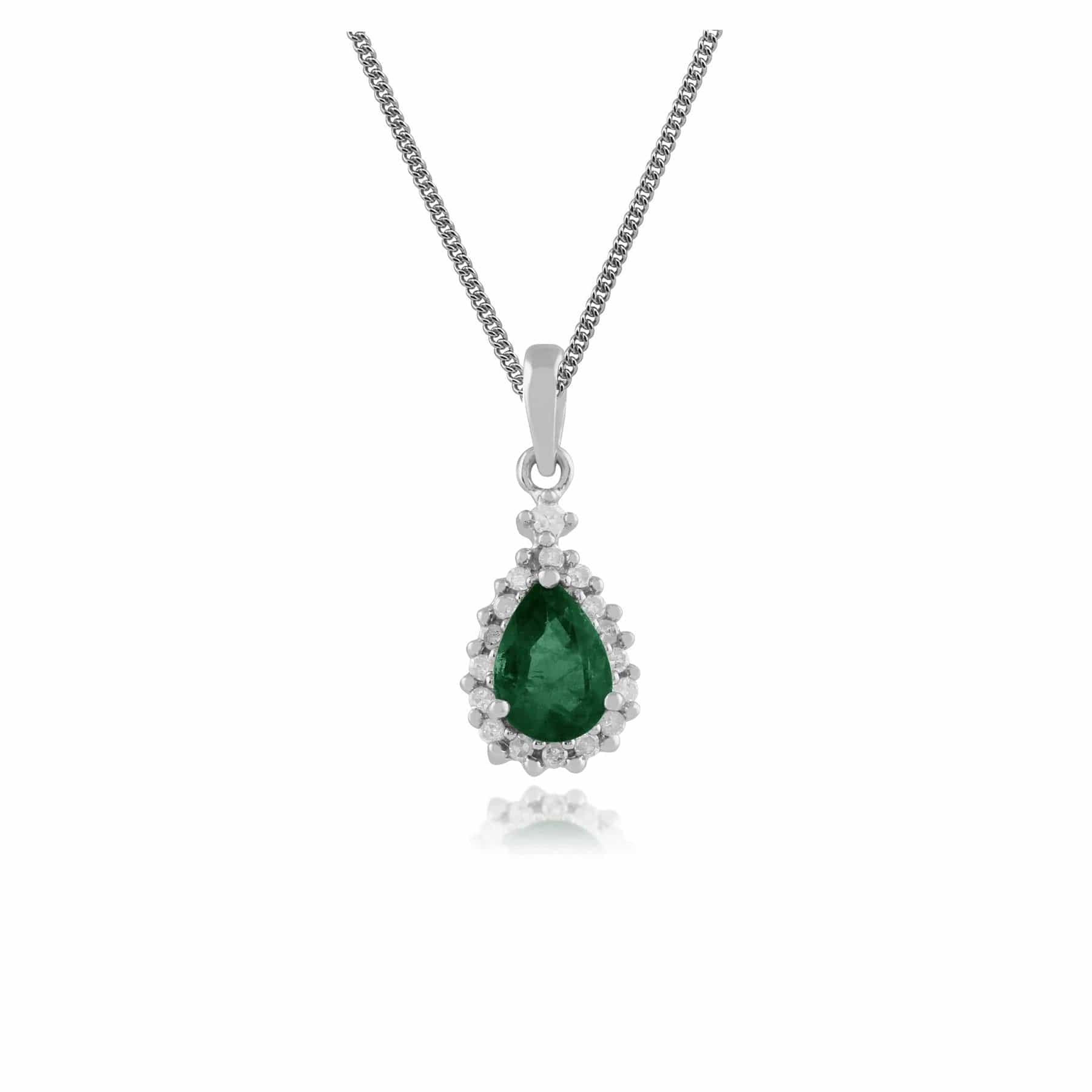 Classic Pear Emerald & Diamond Halo Stud Earrings & Pendant Set in 9ct White Gold - Gemondo