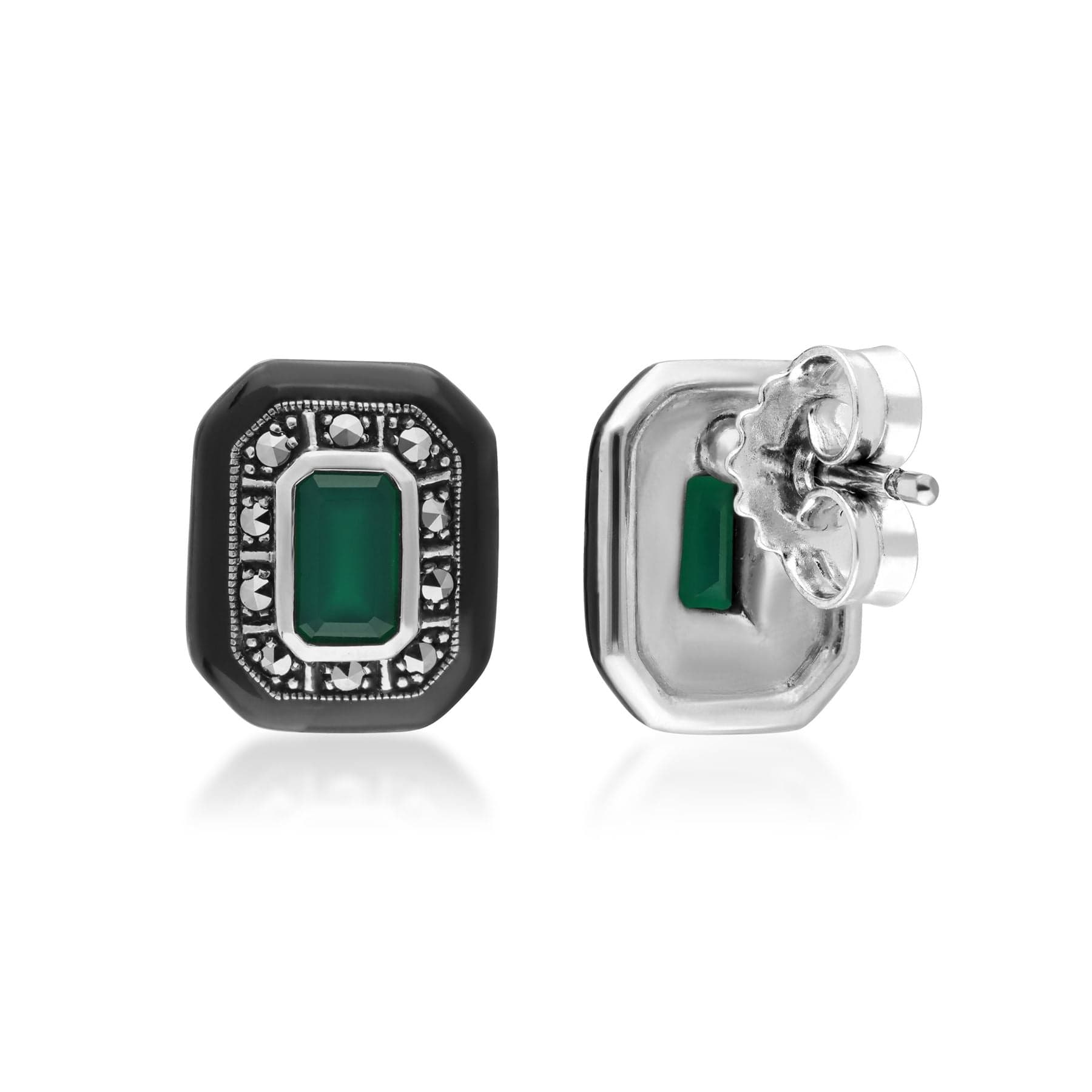 Art Deco Inspired Chalcedony & Marcasite Stud Earrings in Sterling Silver - Gemondo