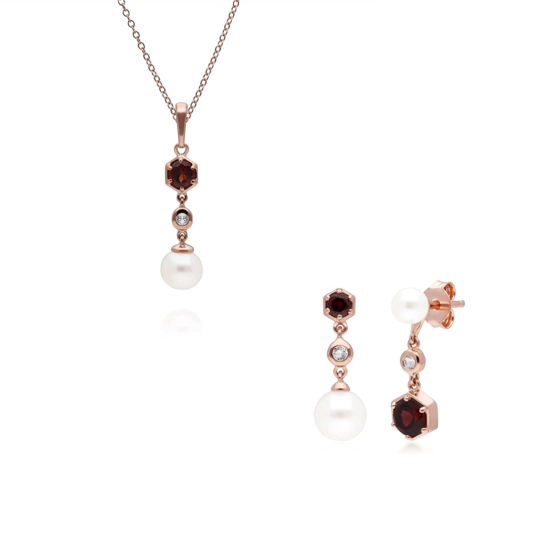 Modern Pearl, Garnet & Topaz Pendant & Earring Set in Rose Gold Plated Silver - Gemondo
