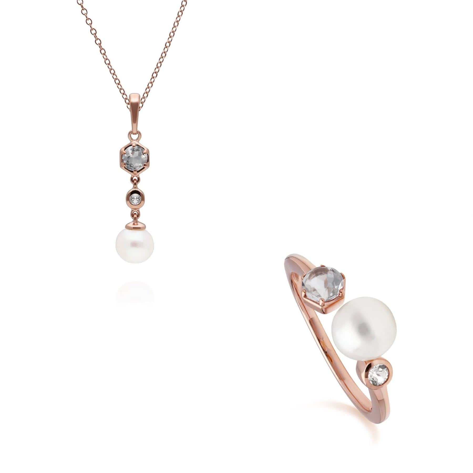 Modern Pearl & White Topaz Pendant & Ring Set in Rose Gold Plated Silver - Gemondo