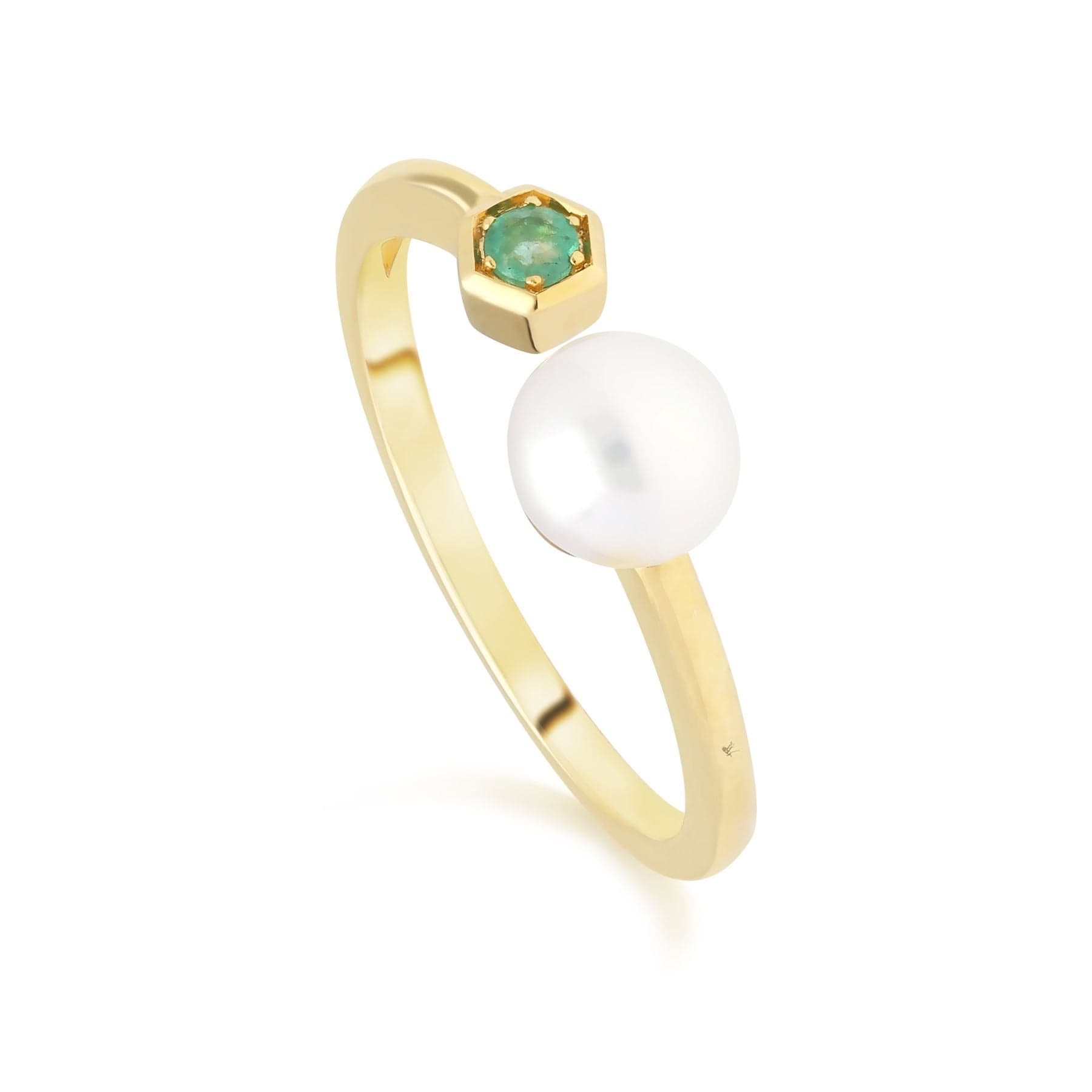Modern Pearl & Emerald Open Ring in 9ct Gold - Gemondo