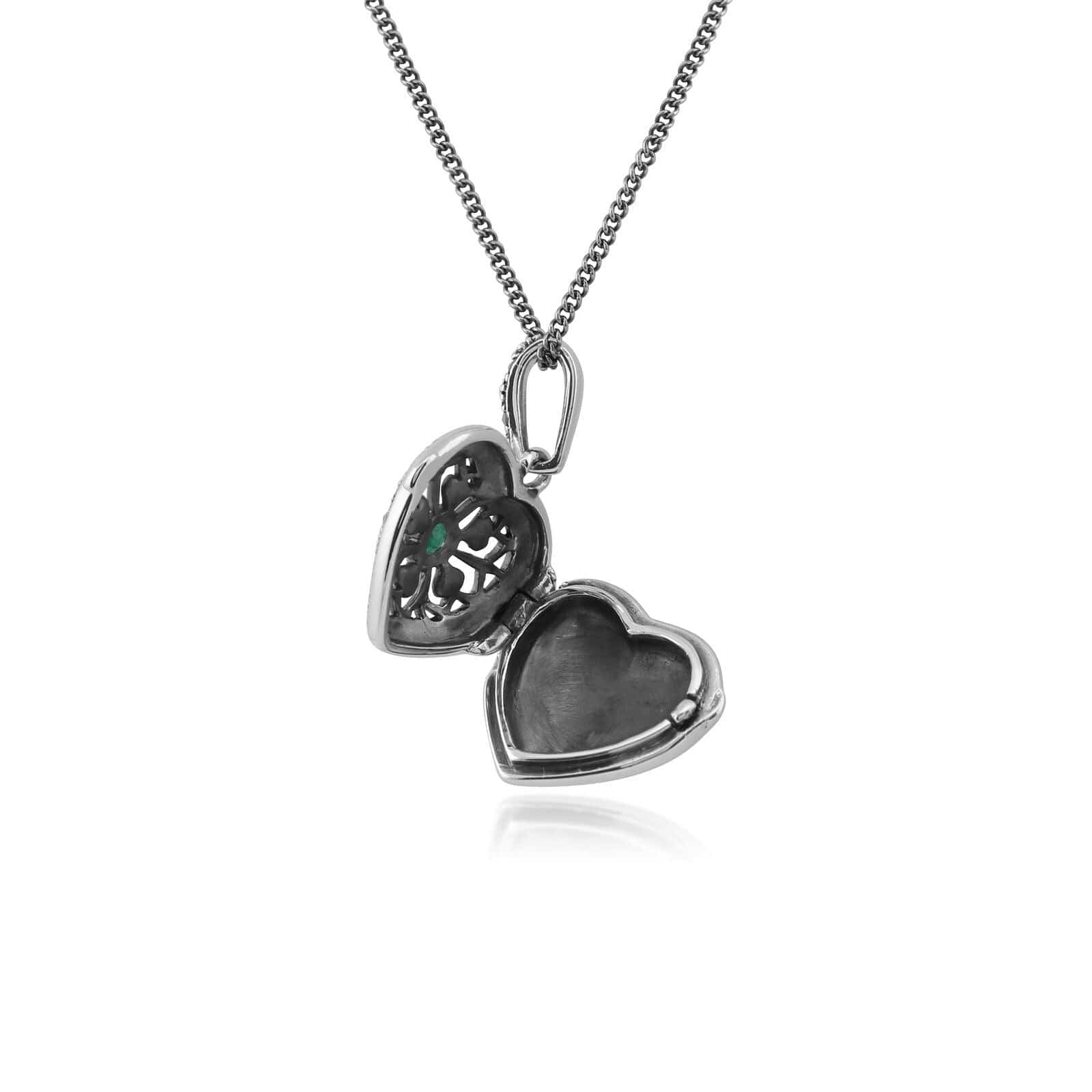 Art Nouveau Style Round Emerald & Marcasite Heart Necklace in 925 Sterling Silver 2
