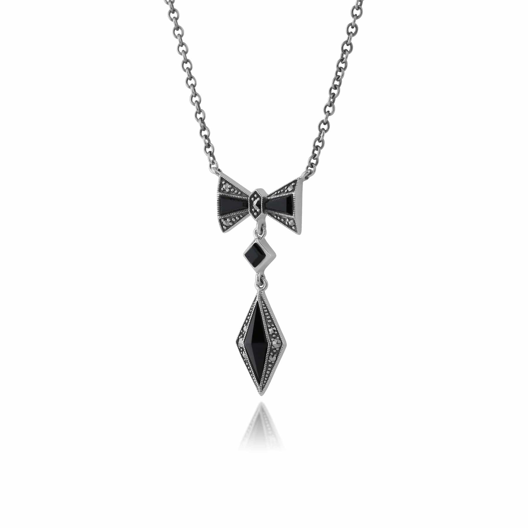 214N675701925 Gemondo 925 Sterling Silver 0.65ct Black Onyx & Marcasite Art Deco 45cm Necklace 2