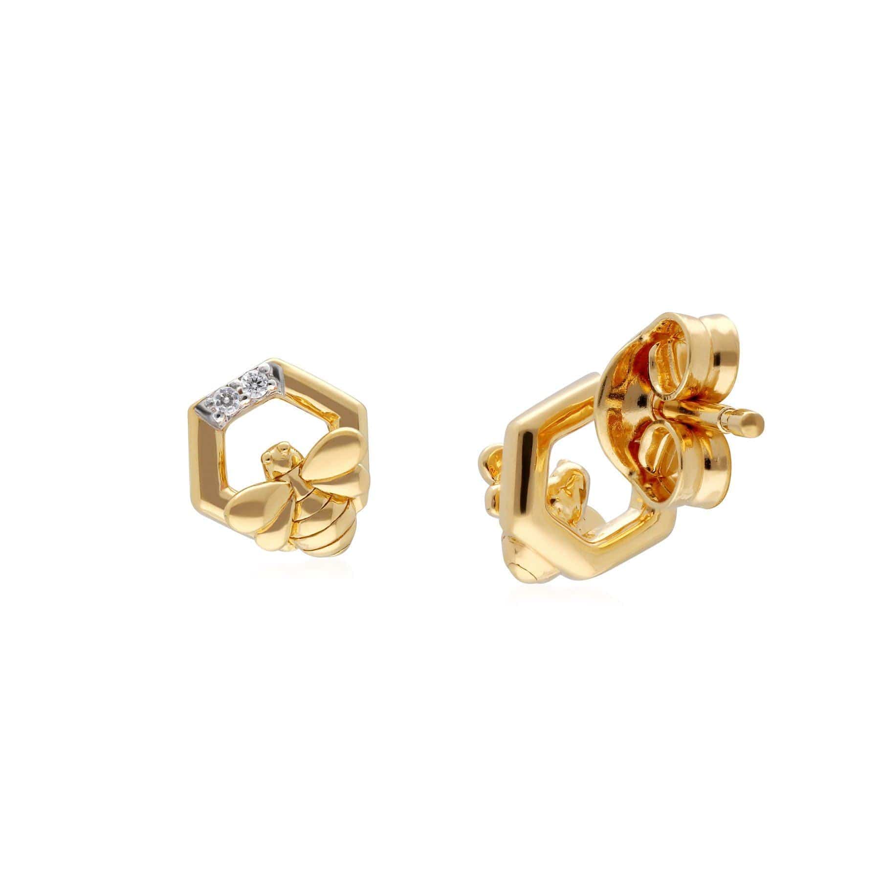 191E0411019 Honeycomb Inspired Diamond Hexagon Bee Earrings in 9ct Yellow Gold 4
