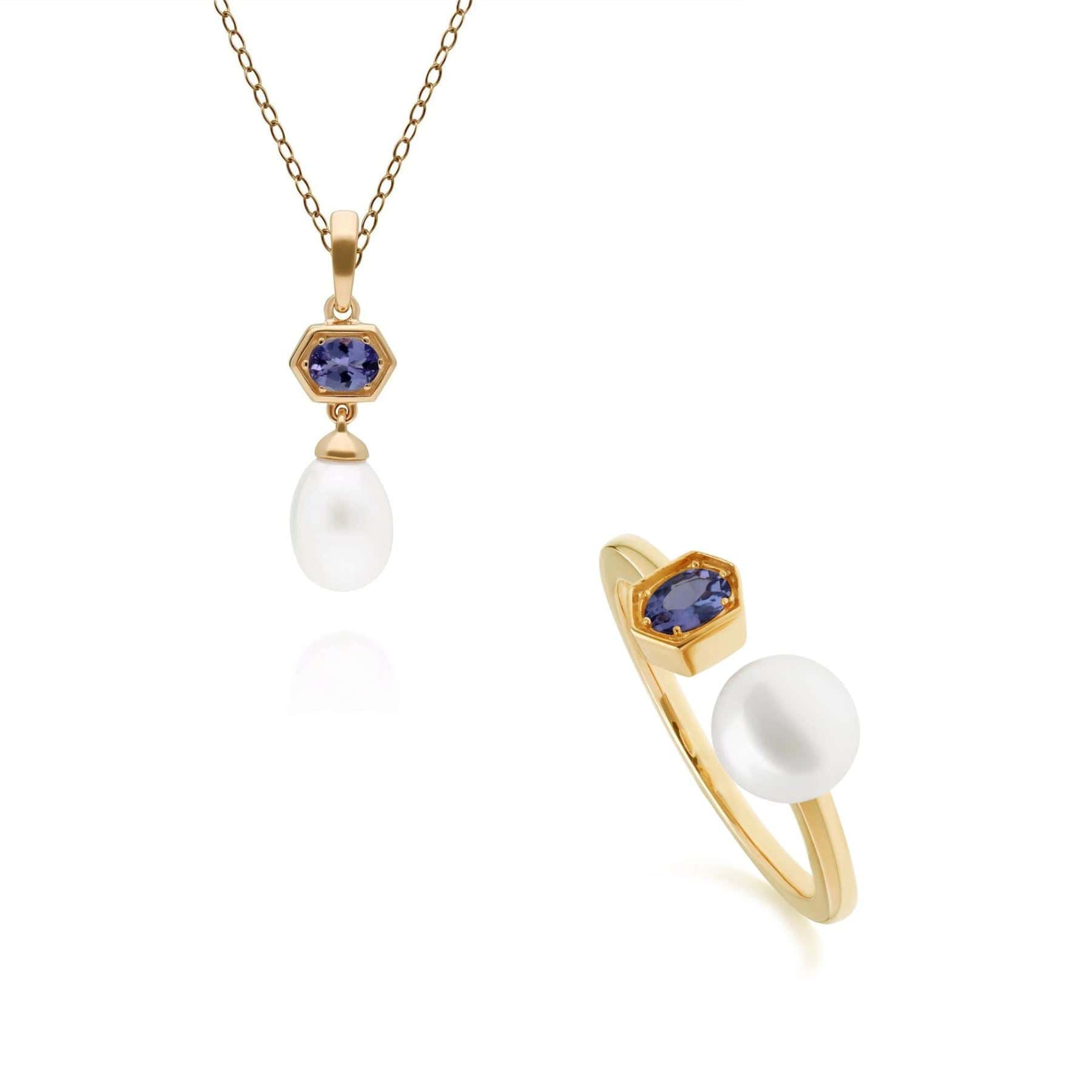 Modern Pearl & Tanzanite Pendant & Ring Set in Gold Plated Silver - Gemondo