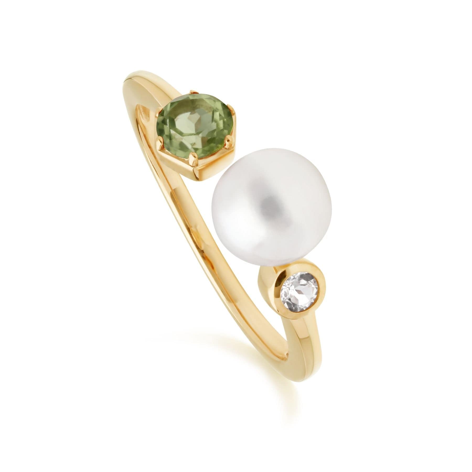 Modern Pearl, Peridot & Topaz Open Ring in Gold Plated Silver - Gemondo