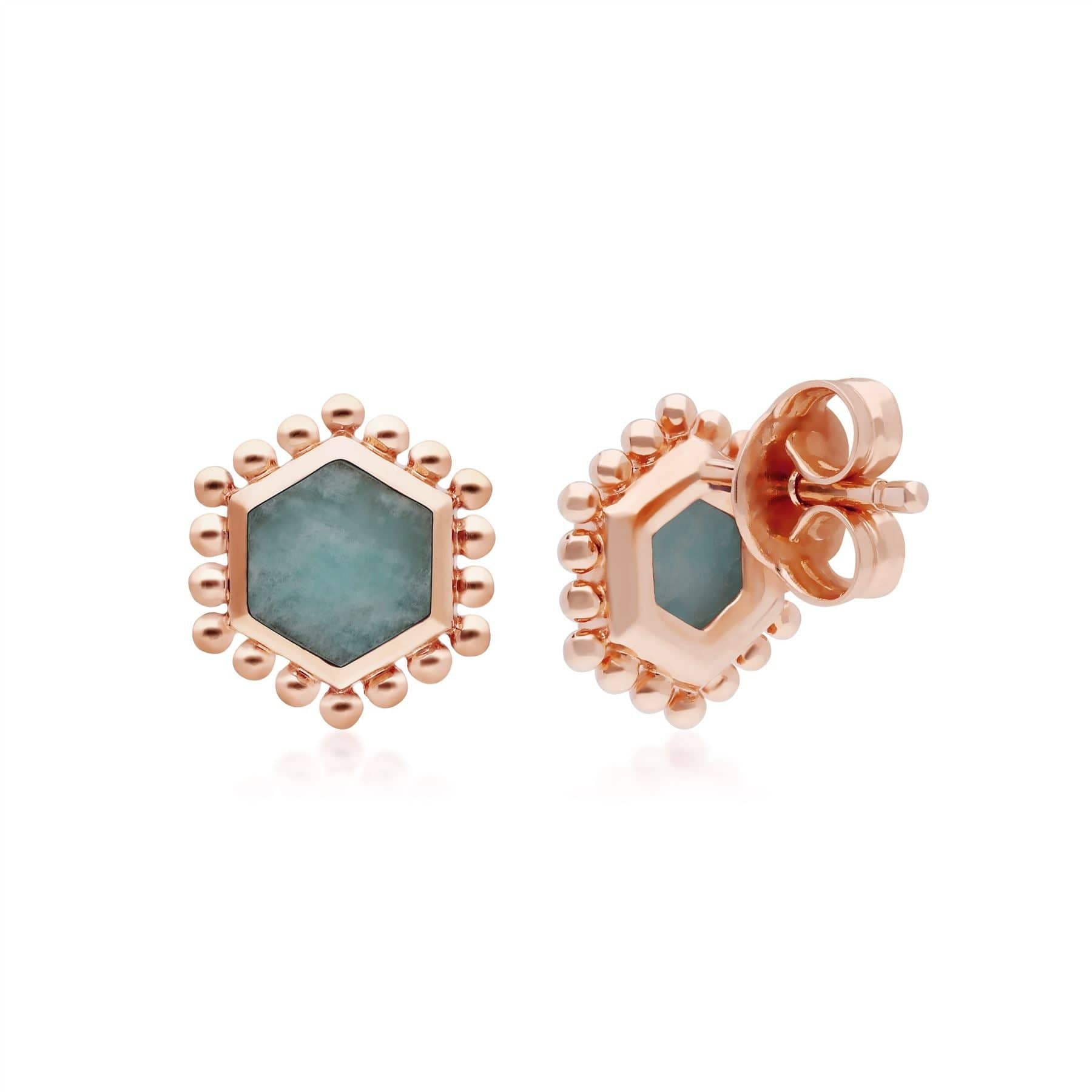 Amazonite Flat Slice Hex Stud Earrings in Rose Gold Plated Sterling Silver