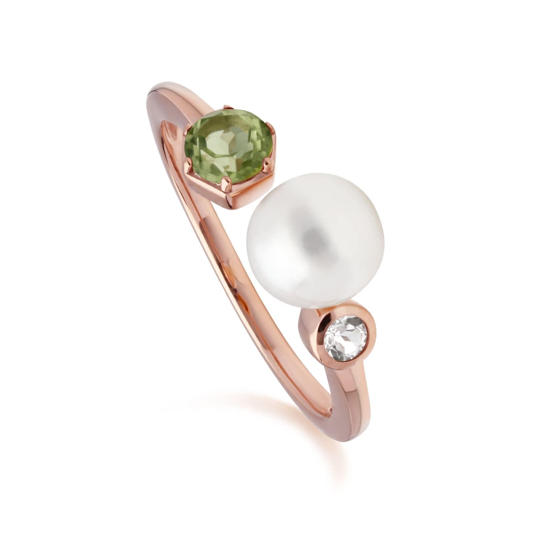 Modern Pearl, Peridot & Topaz Open Ring in Rose Gold Plated Silver - Gemondo