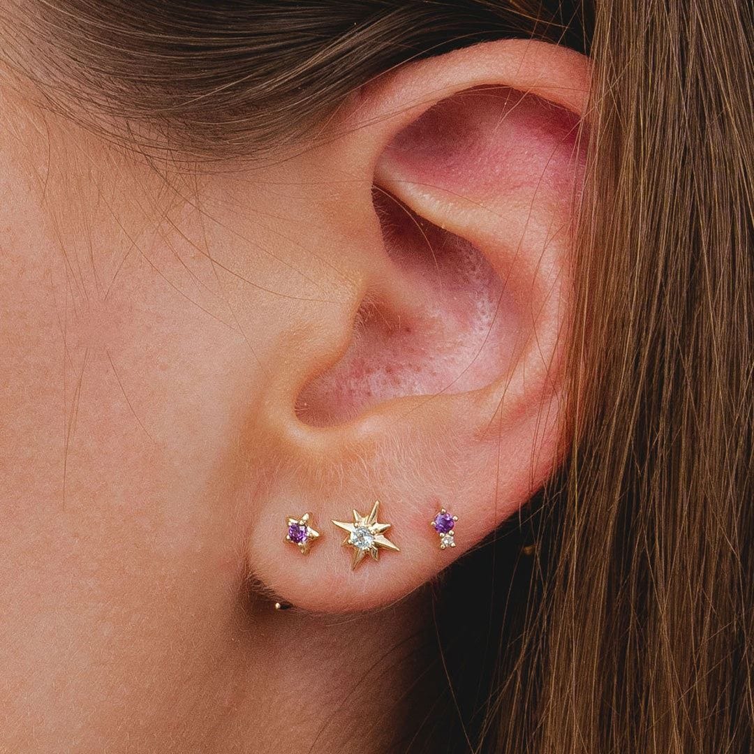 135E1822029 Modern Classic Amethyst Pull Through Hoop Earrings in 9ct Yellow Gold On Model