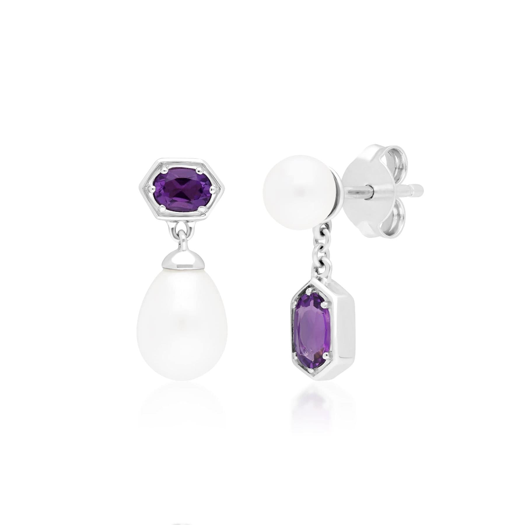 Modern Pearl & Amethyst Drop Earrings in Sterling Silver - Gemondo