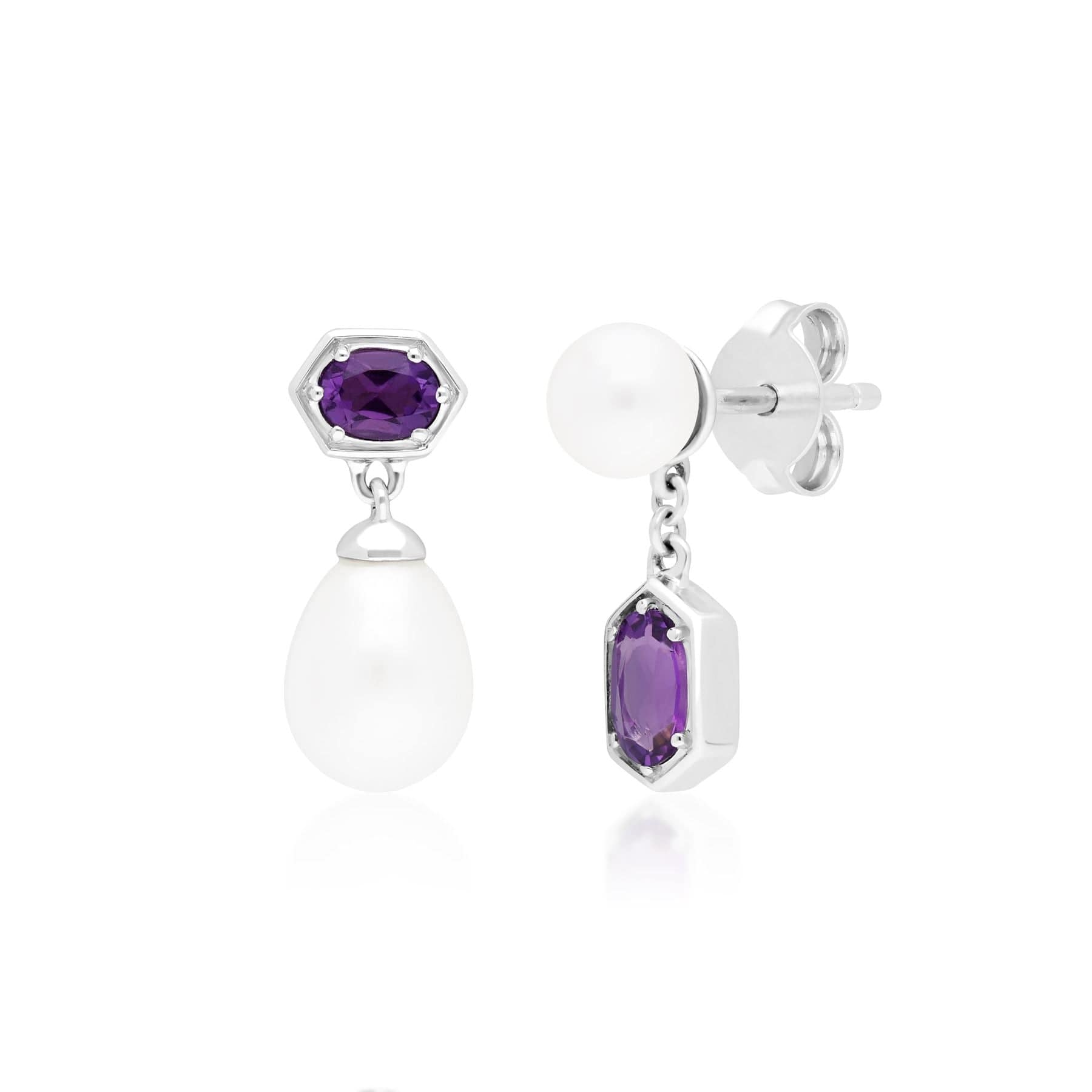 270E028301925 Modern Pearl & Amethyst Drop Earrings in Sterling Silver 1