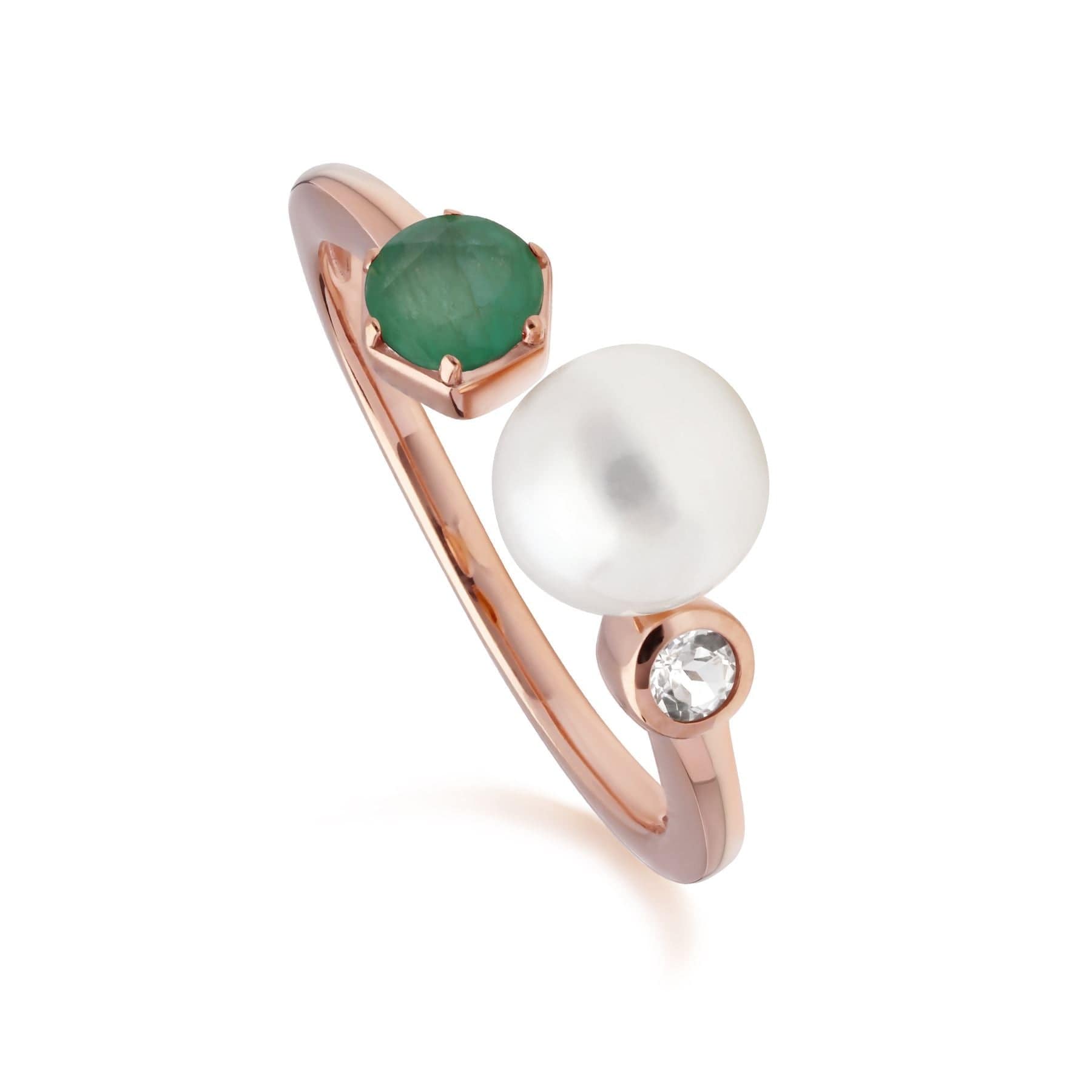 Modern Pearl, Emerald & Topaz Open Ring in Rose Gold Plated Silver - Gemondo