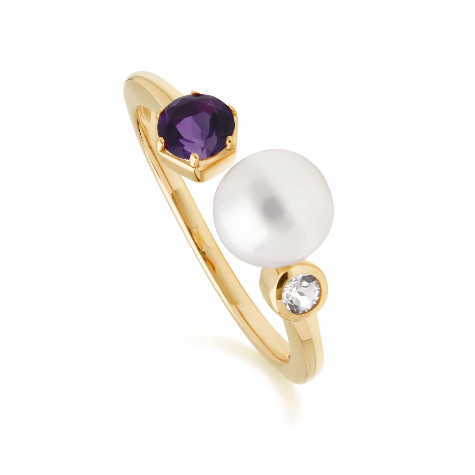Modern Pearl, Amethyst & Topaz Open Ring in Gold Plated Silver - Gemondo