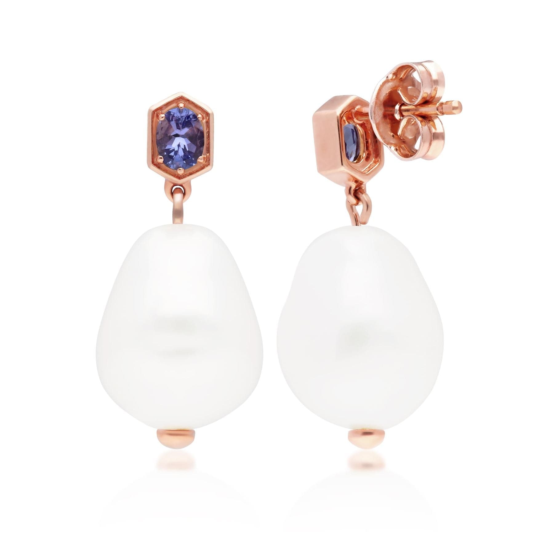 270E030509925 Modern Baroque Pearl & Tanzanite Drop Earrings in Rose Gold Plated Silver 3