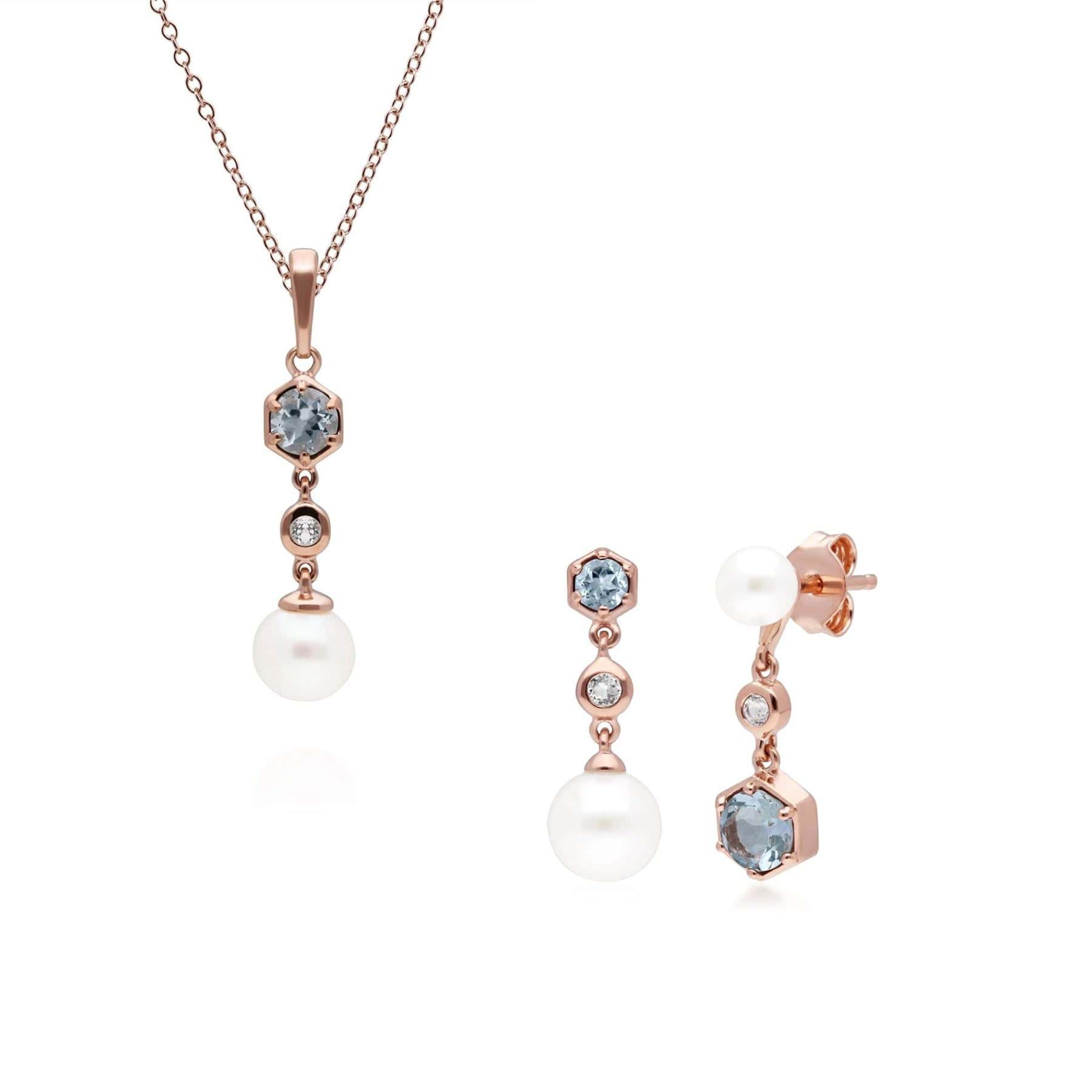 Modern Pearl, Aquamarine & Topaz Pendant & Earring Set in Rose Gold Plated Silver - Gemondo