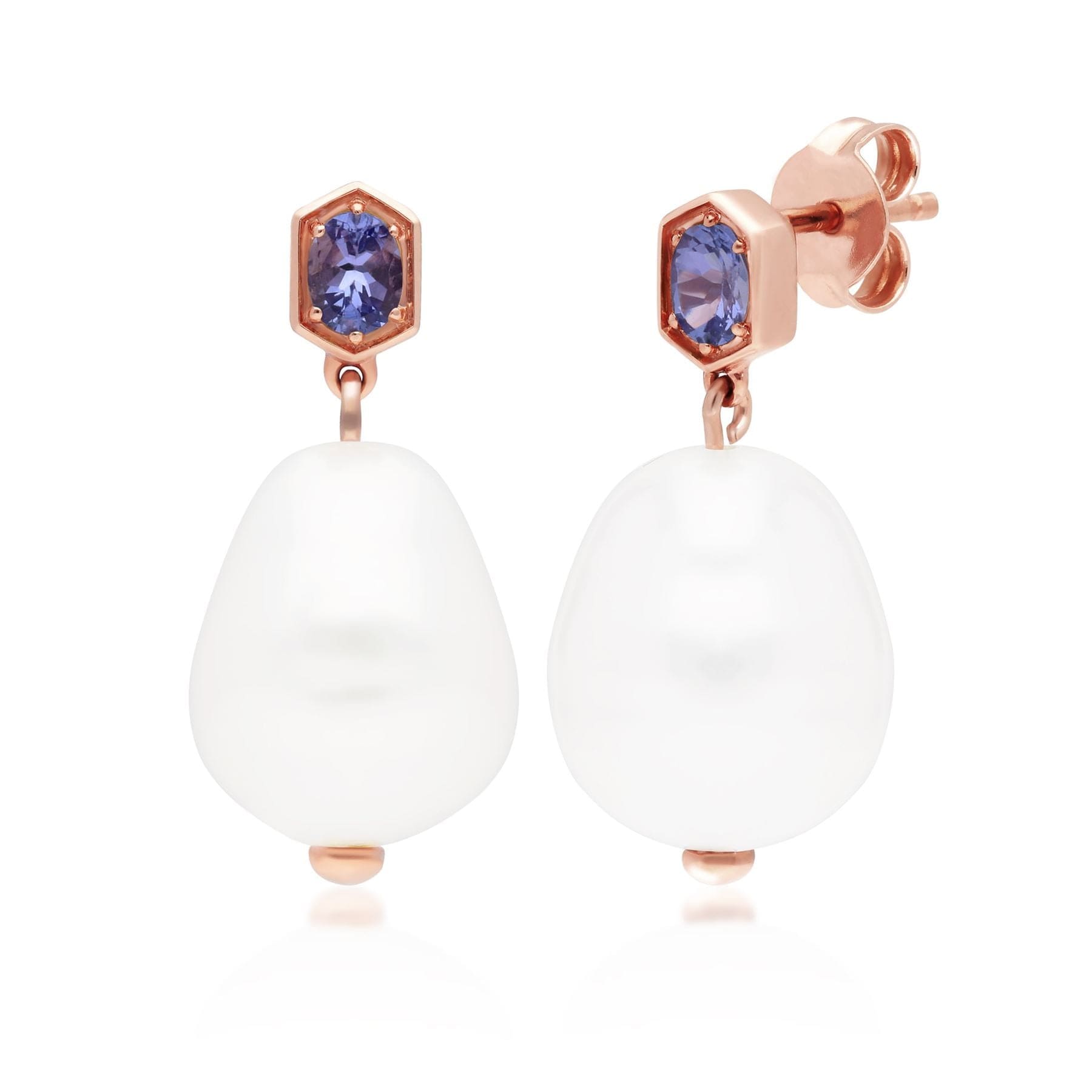 Modern Baroque Pearl & Tanzanite Drop Earrings in Rose Gold Plated Sterling Silver