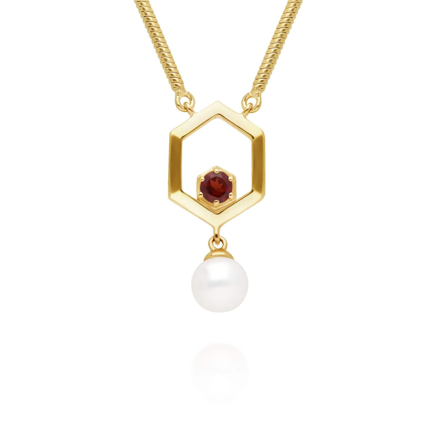 Modern Pearl & Garnet Hexagon Drop Necklace in Gold Plated Silver - Gemondo