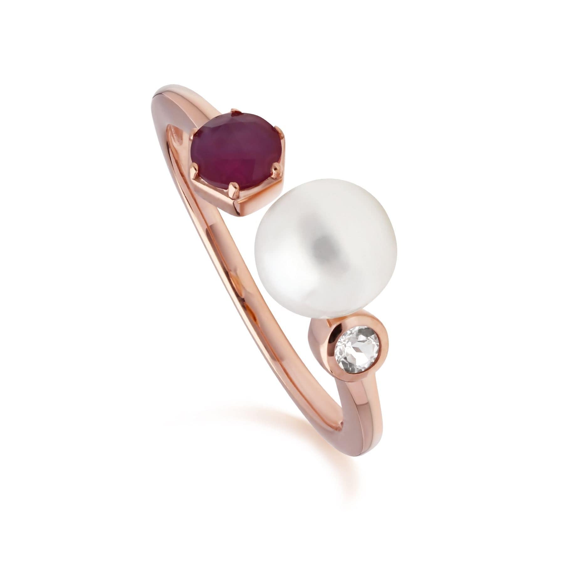 Modern Pearl, Ruby & Topaz Open Ring in Rose Gold Plated Silver - Gemondo