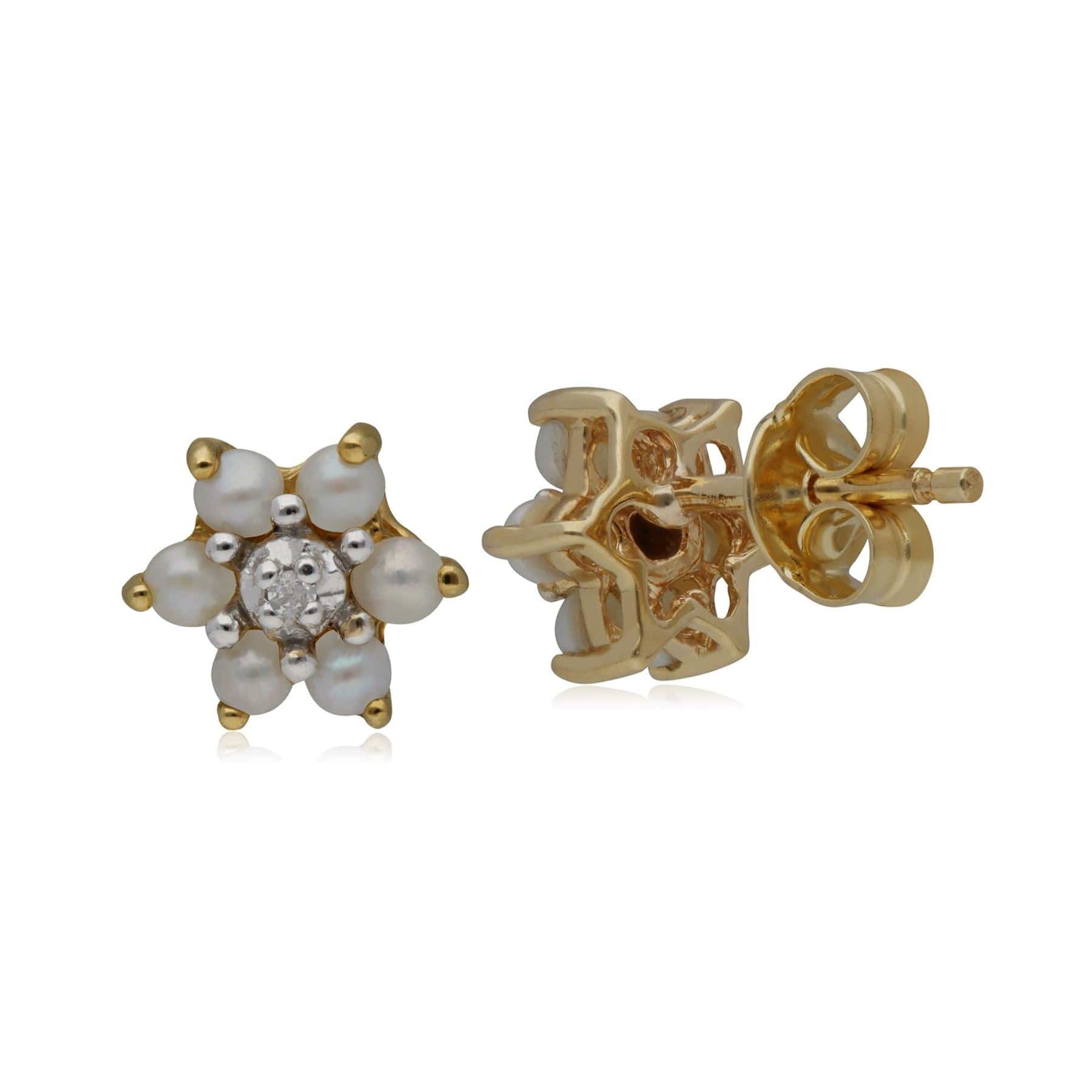 Classic Floral Pearl & Diamond Stud Earrings in 9ct Yellow Gold - Gemondo