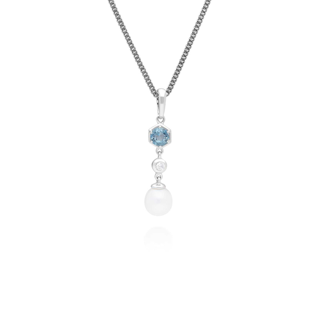 270P029401925 Modern Pearl & Blue Topaz Drop Pendant in 925 Sterling Silver 1