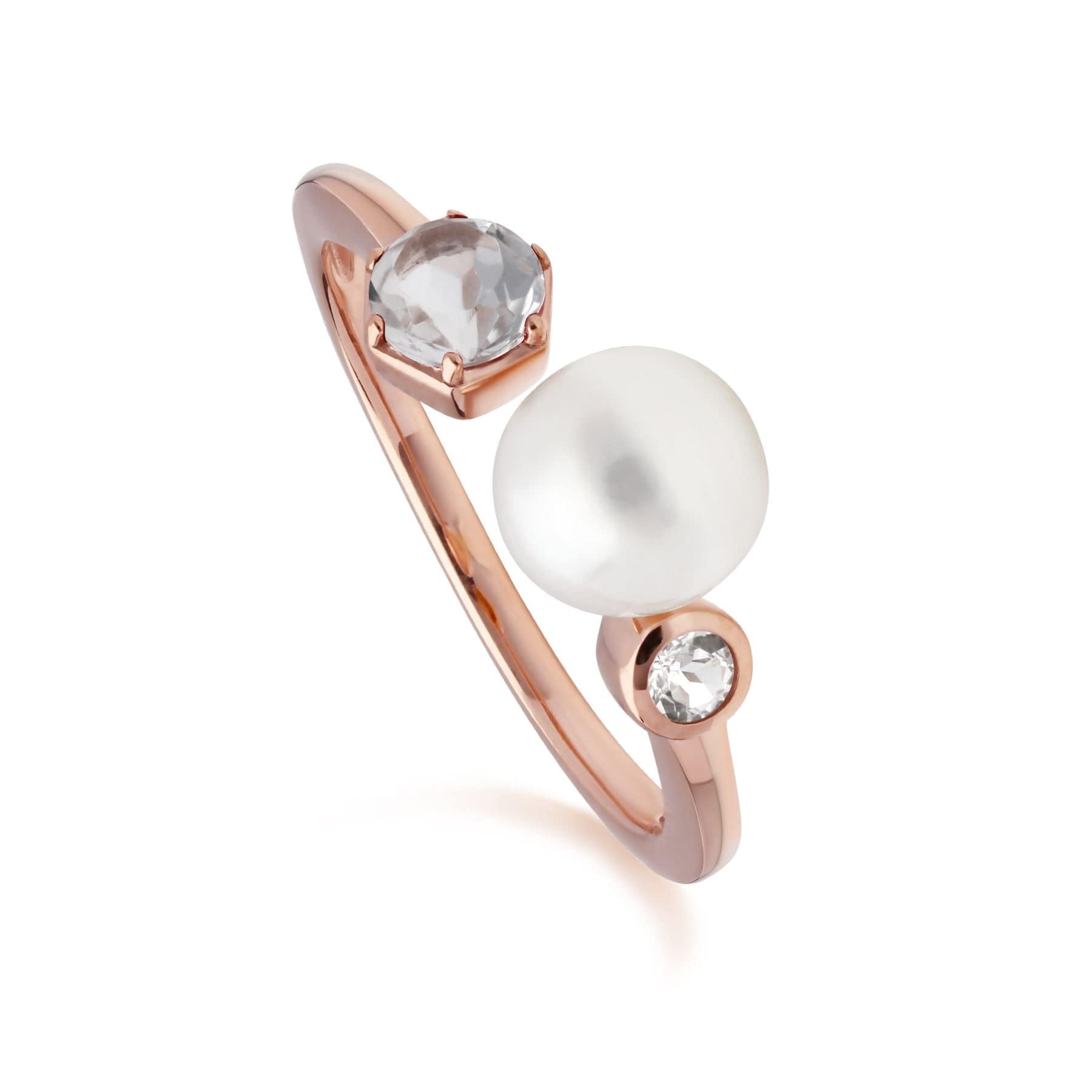 Modern Pearl & White Topaz Open Ring in Rose Gold Plated Sterling Silver