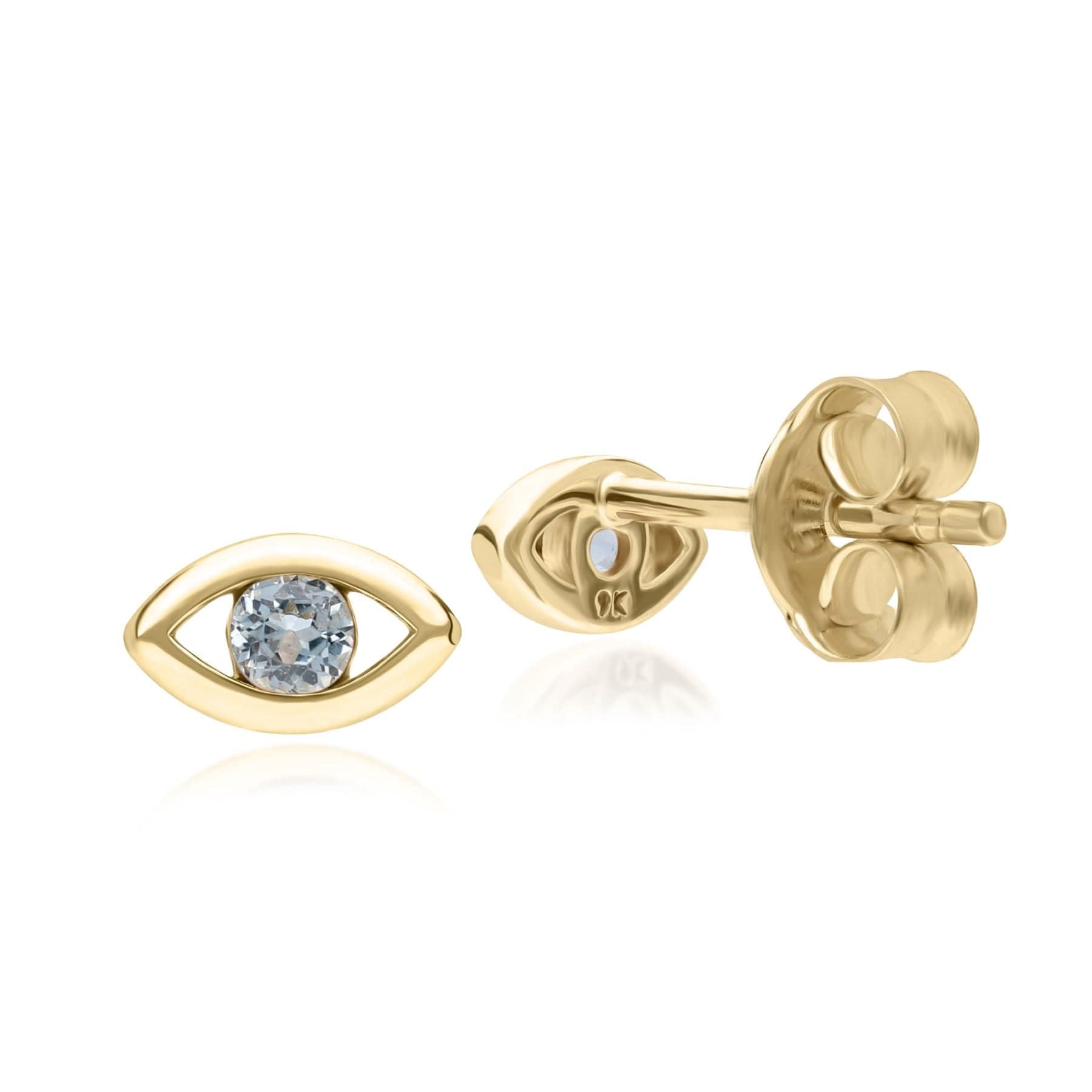 135E1825039 ECFEW™ Dainty Evil Eye Blue Topaz Stud Earrings in 9ct Yellow Gold Side