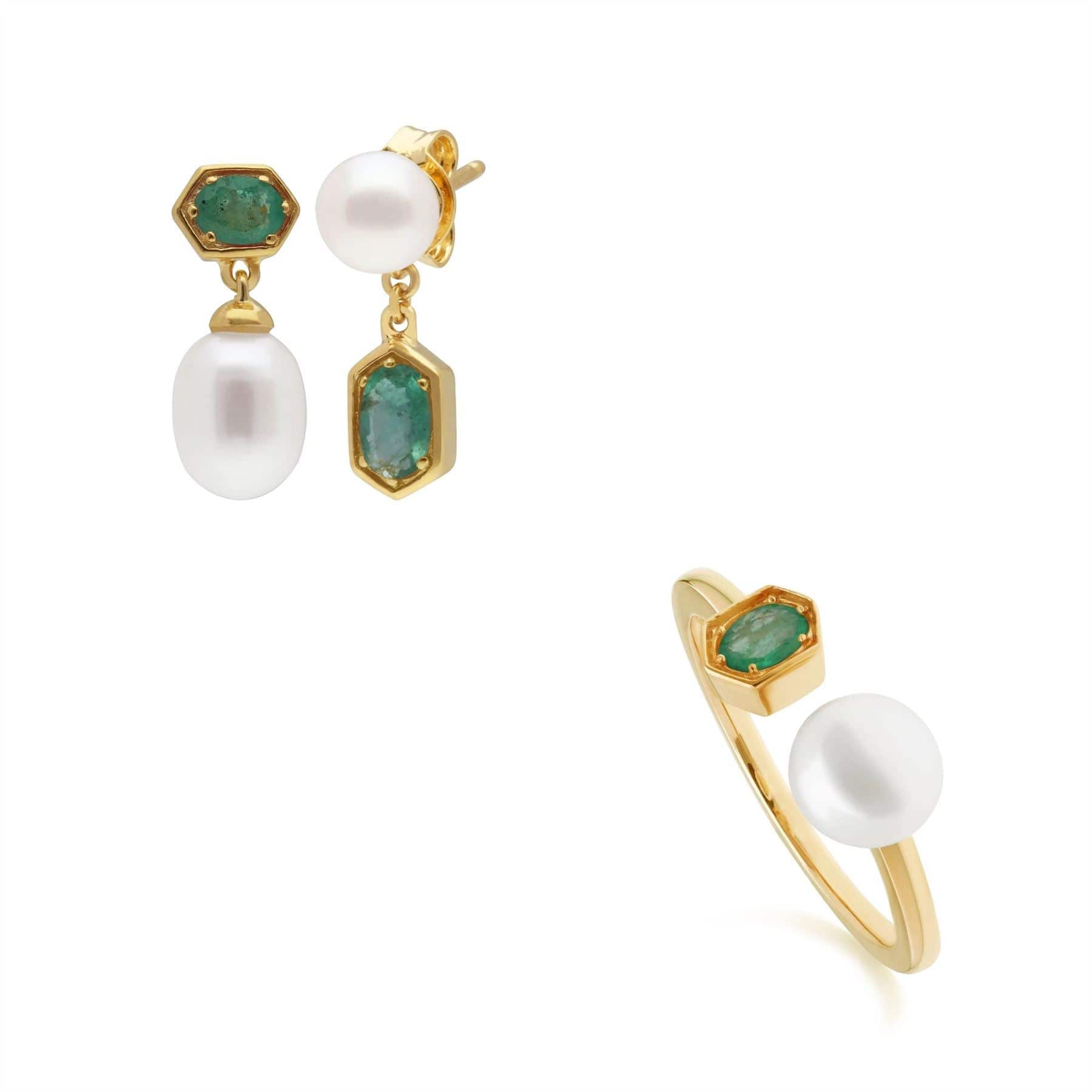 Modern Pearl & Emerald Earring & Ring Set in Gold Plated Silver - Gemondo