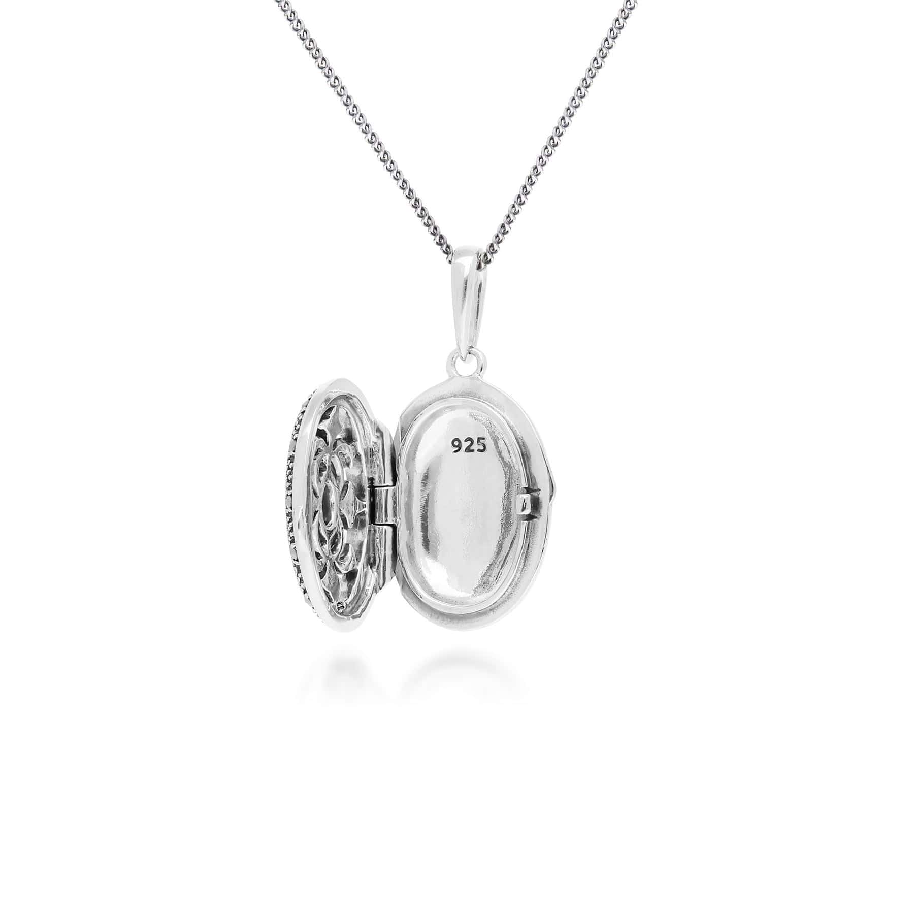 Art Nouveau Style Oval Garnet & Marcasite Locket Necklace in Sterling Silver - Gemondo