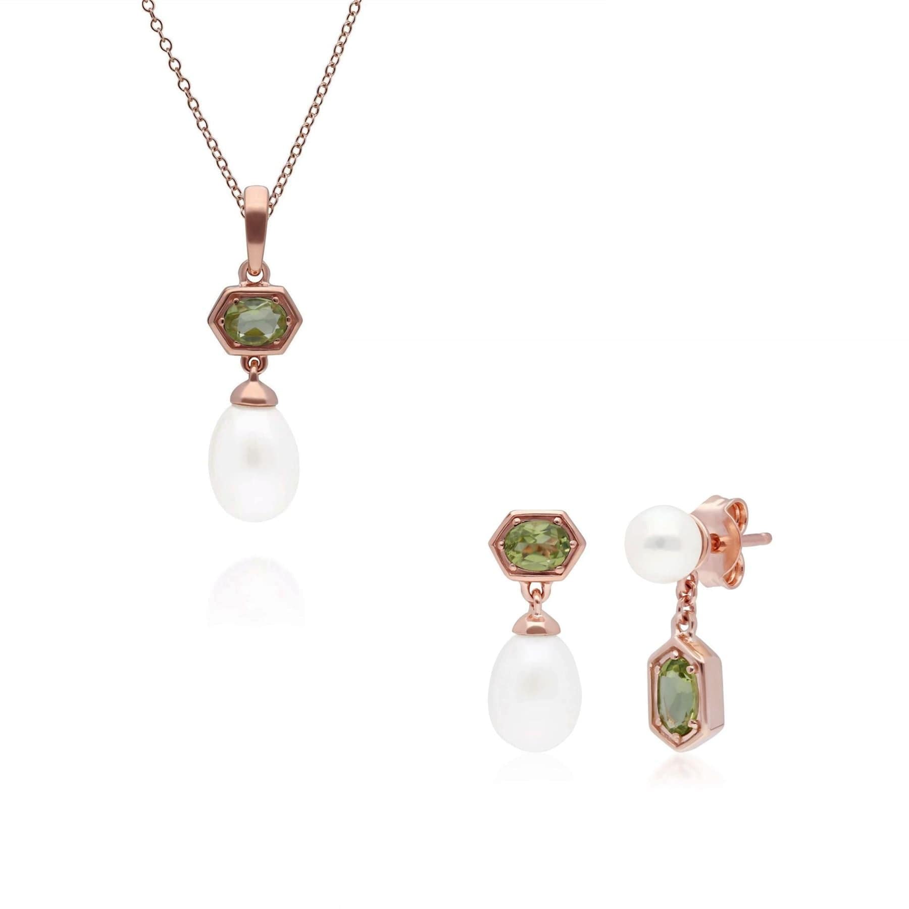 Modern Pearl & Peridot Pendant & Earring Set in Rose Gold Plated Silver - Gemondo