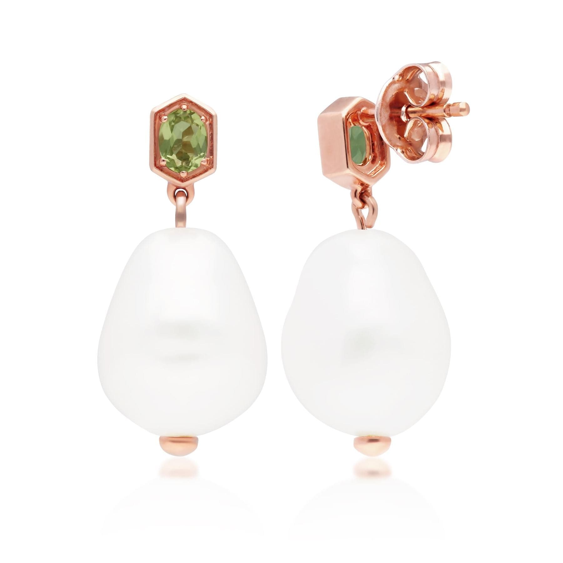Modern Baroque Pearl & Peridot Drop Earrings in Rose Gold Plated Silver - Gemondo