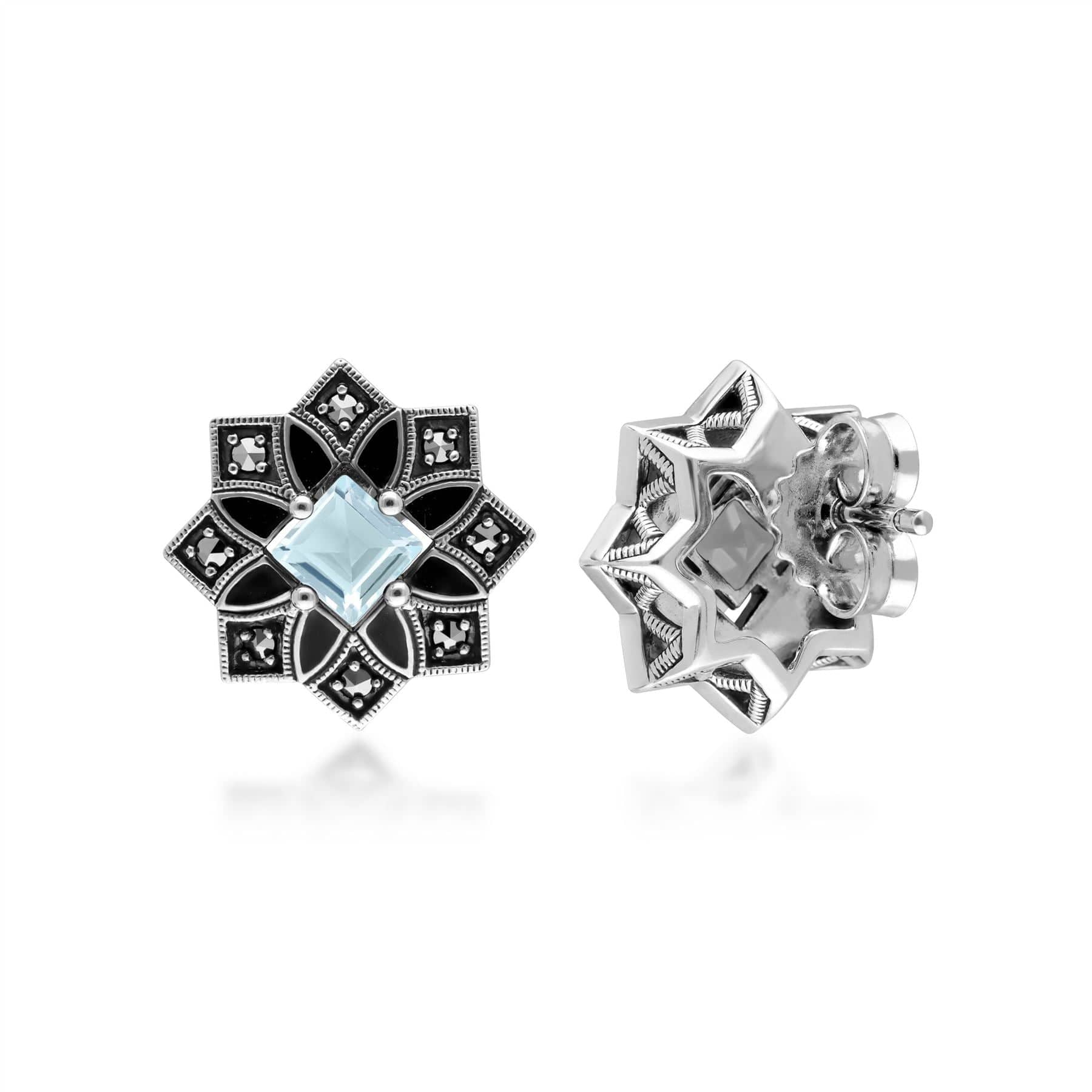 214E897604925 Art Deco Inspired Blue Topaz & Marcasite Star Stud Earrings Side