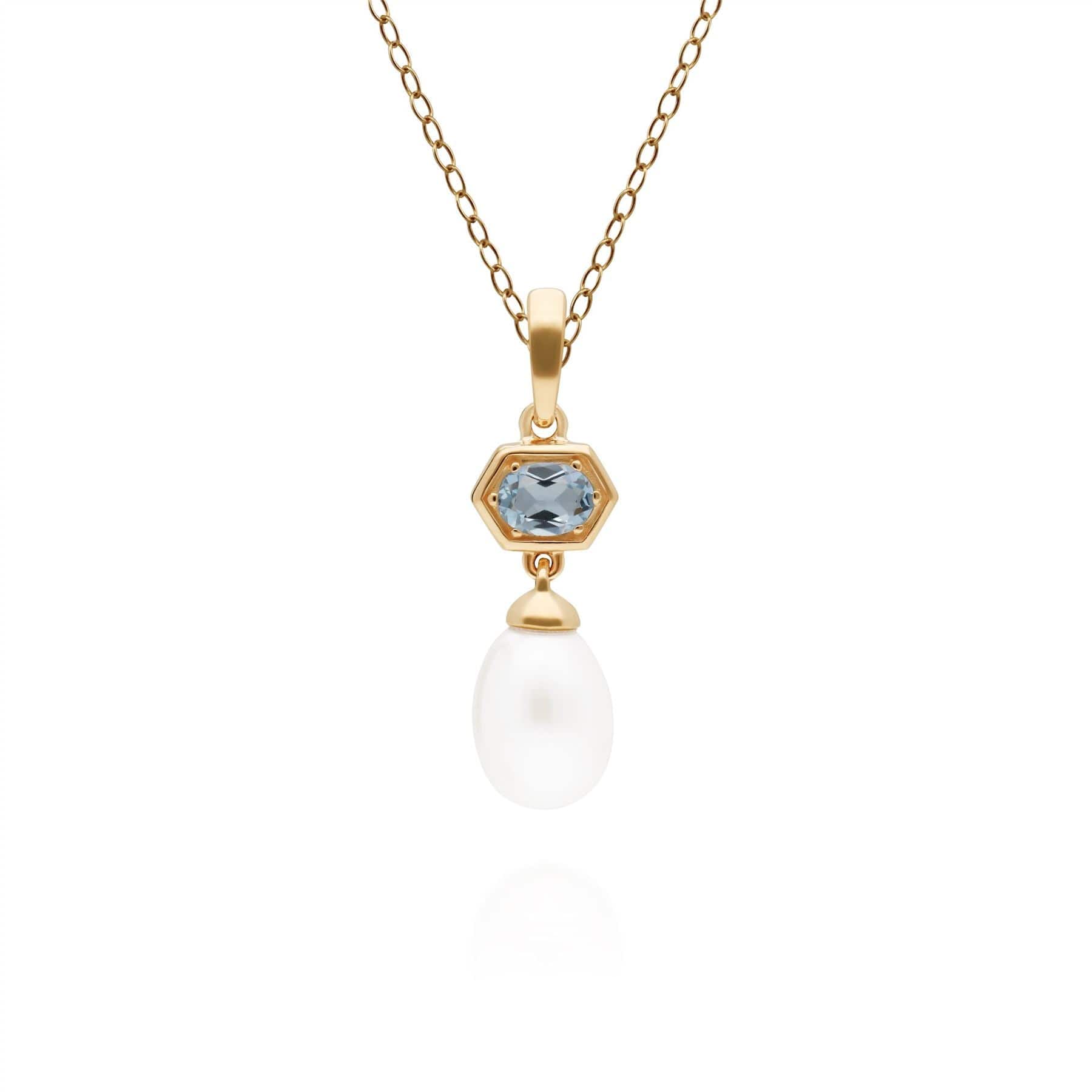 Modern Pearl & Blue Topaz Hexagon Drop Pendant in Gold Plated Silver - Gemondo