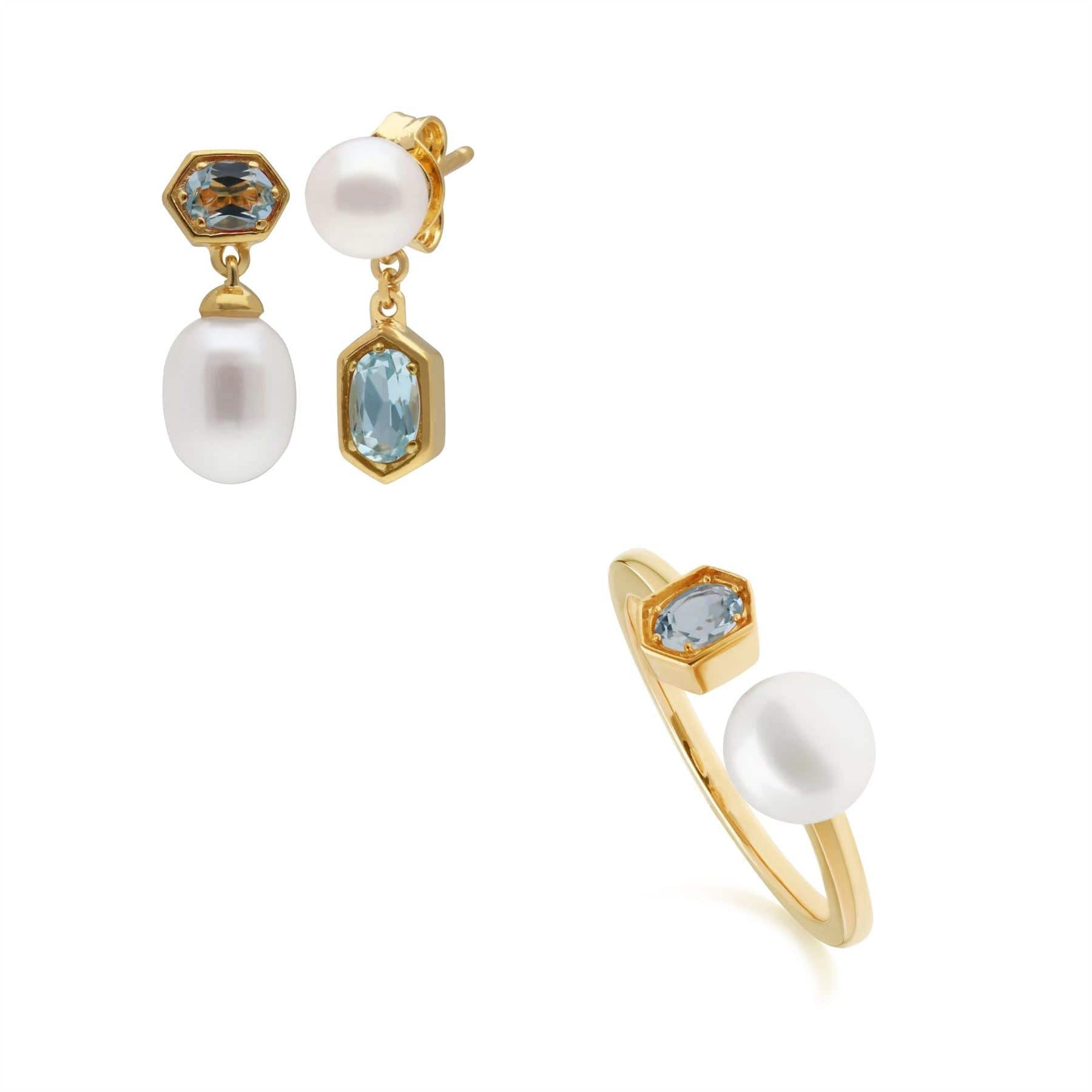 270E030205925-270R058706925 Modern Pearl & Blue Topaz Earring & Ring Set in Gold Plated Silver 1